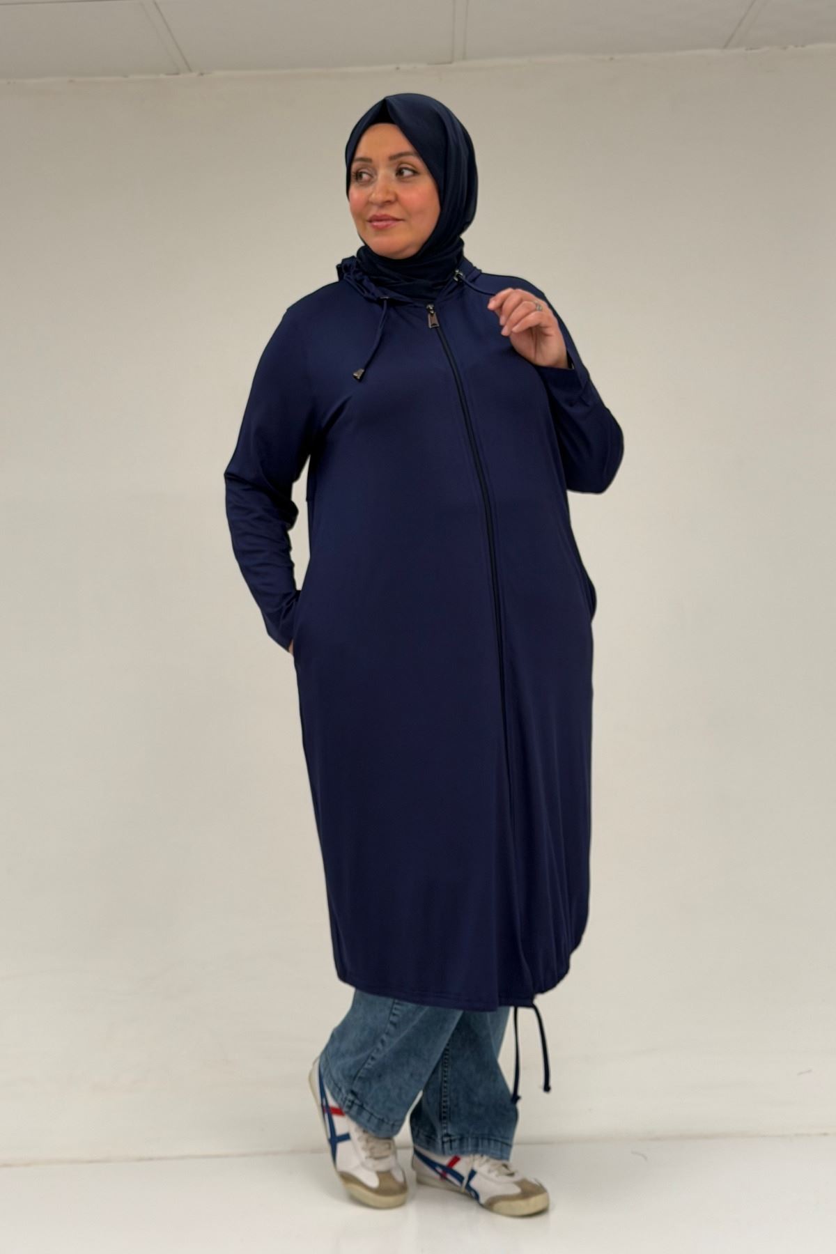 33008 Büyük Beden Fermuarlı Penye Kap - Lacivert