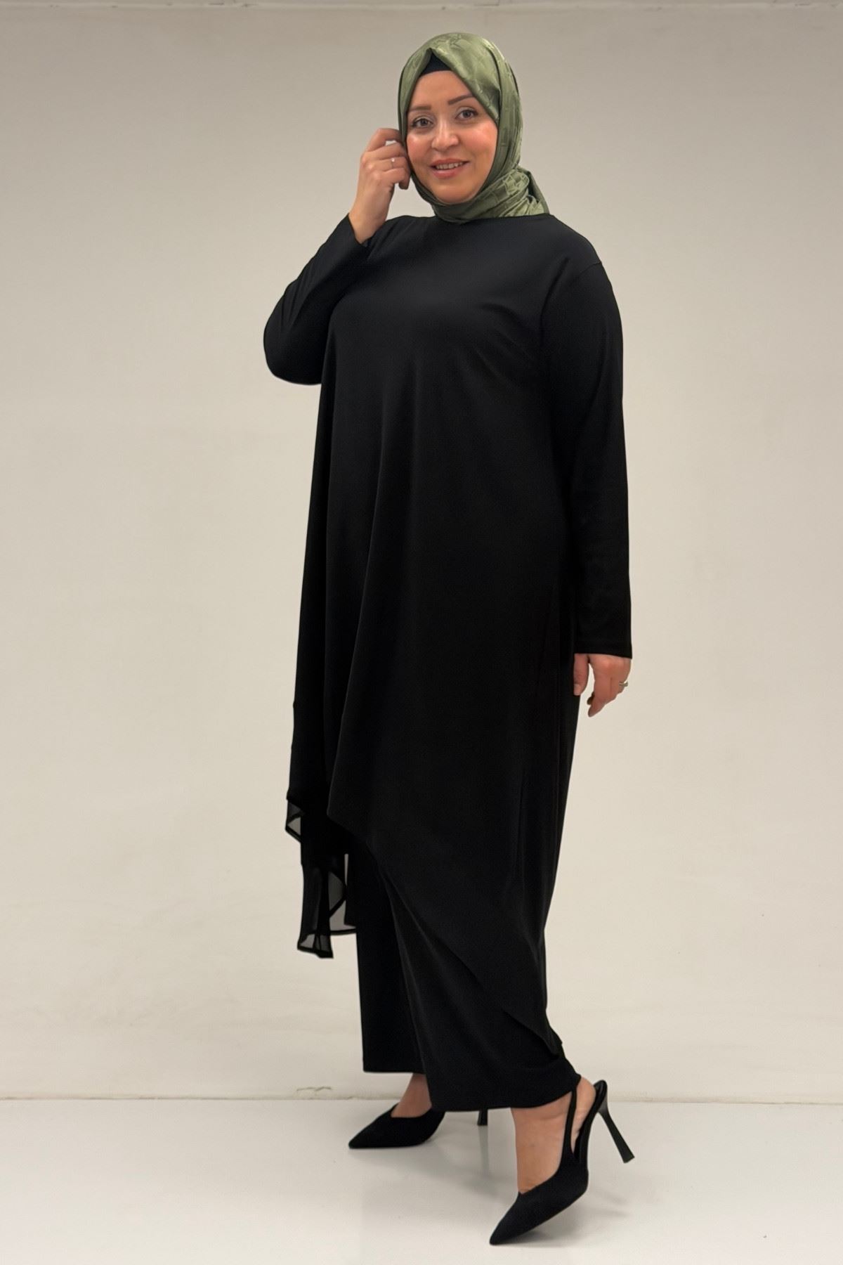 37017 Büyük Beden Sandy-Şifon Pantolonlu Takım - Siyah