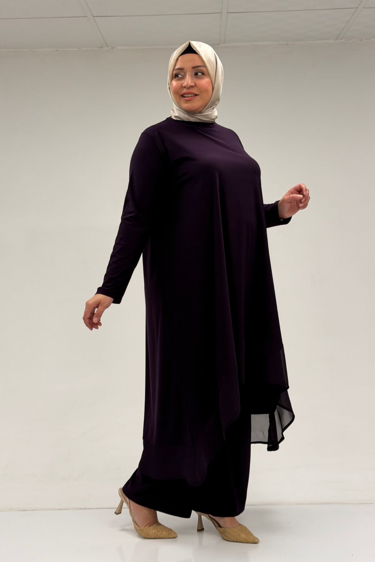 37017 Büyük Beden Sandy-Şifon Pantolonlu Takım-Mor