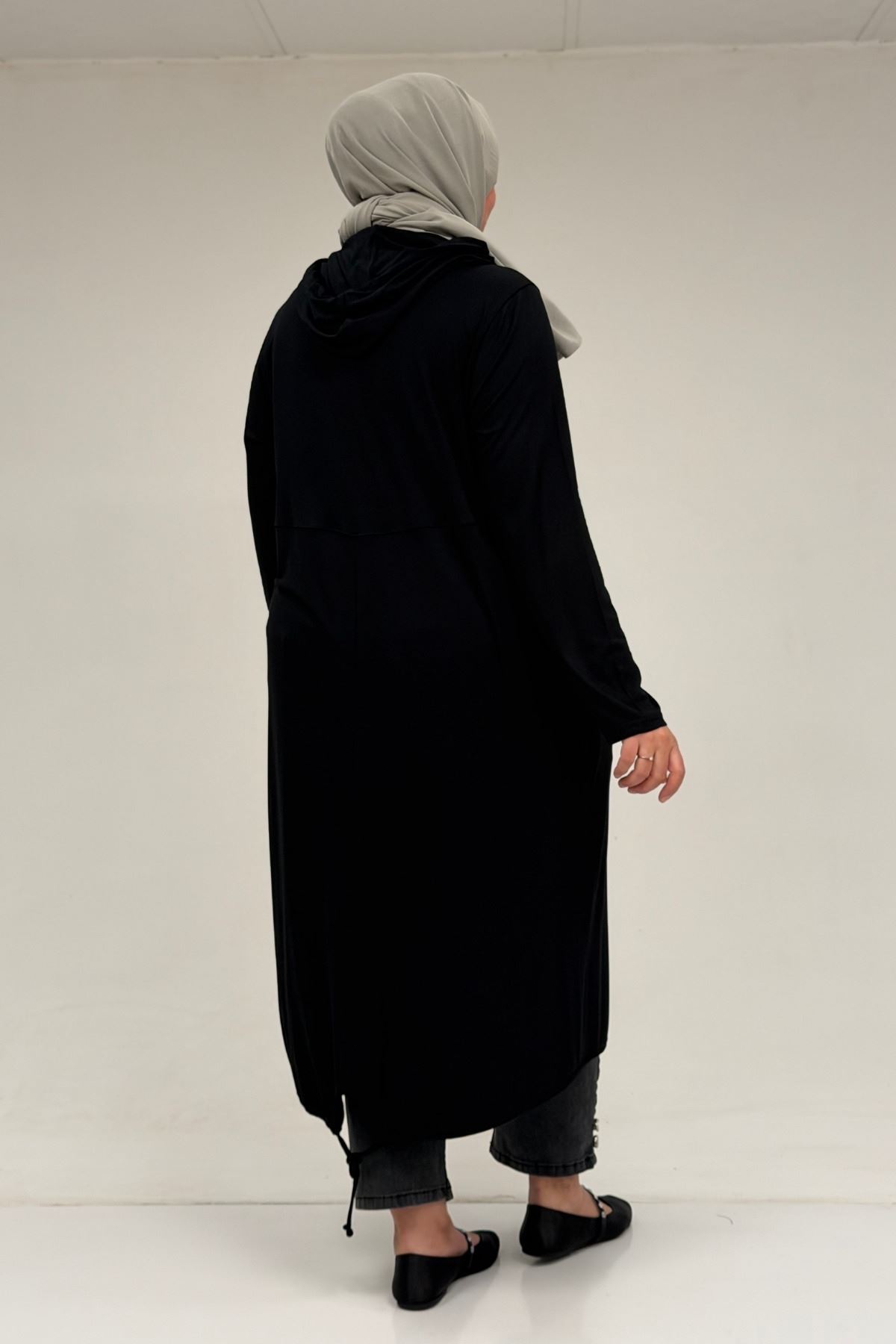 33008 Büyük Beden Fermuarlı Penye Kap - Siyah