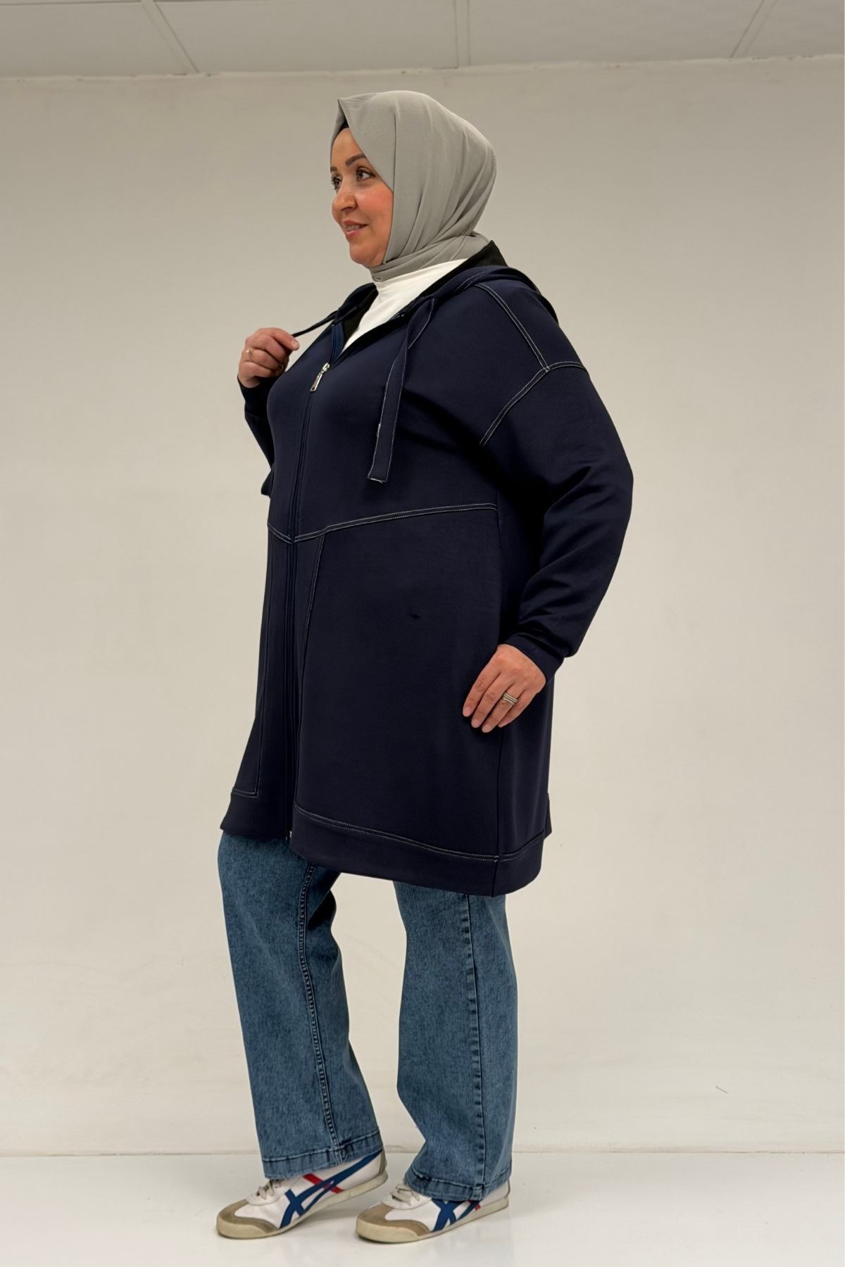 53075 Büyük Beden Dikiş Detaylı Fermuarlı Modal Ceket - Lacivert