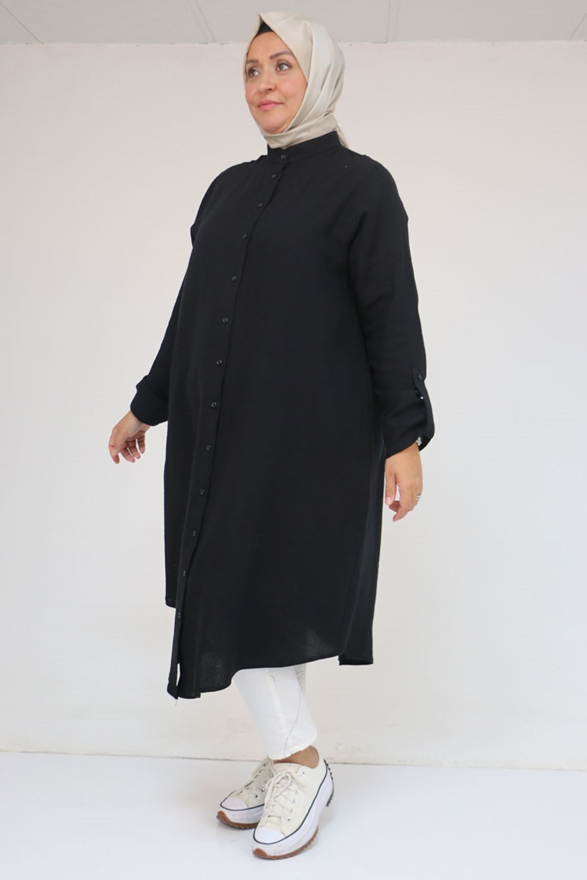 68013 Büyük Beden Tek Düğme Detaylı Müslin Gömlek - Siyah