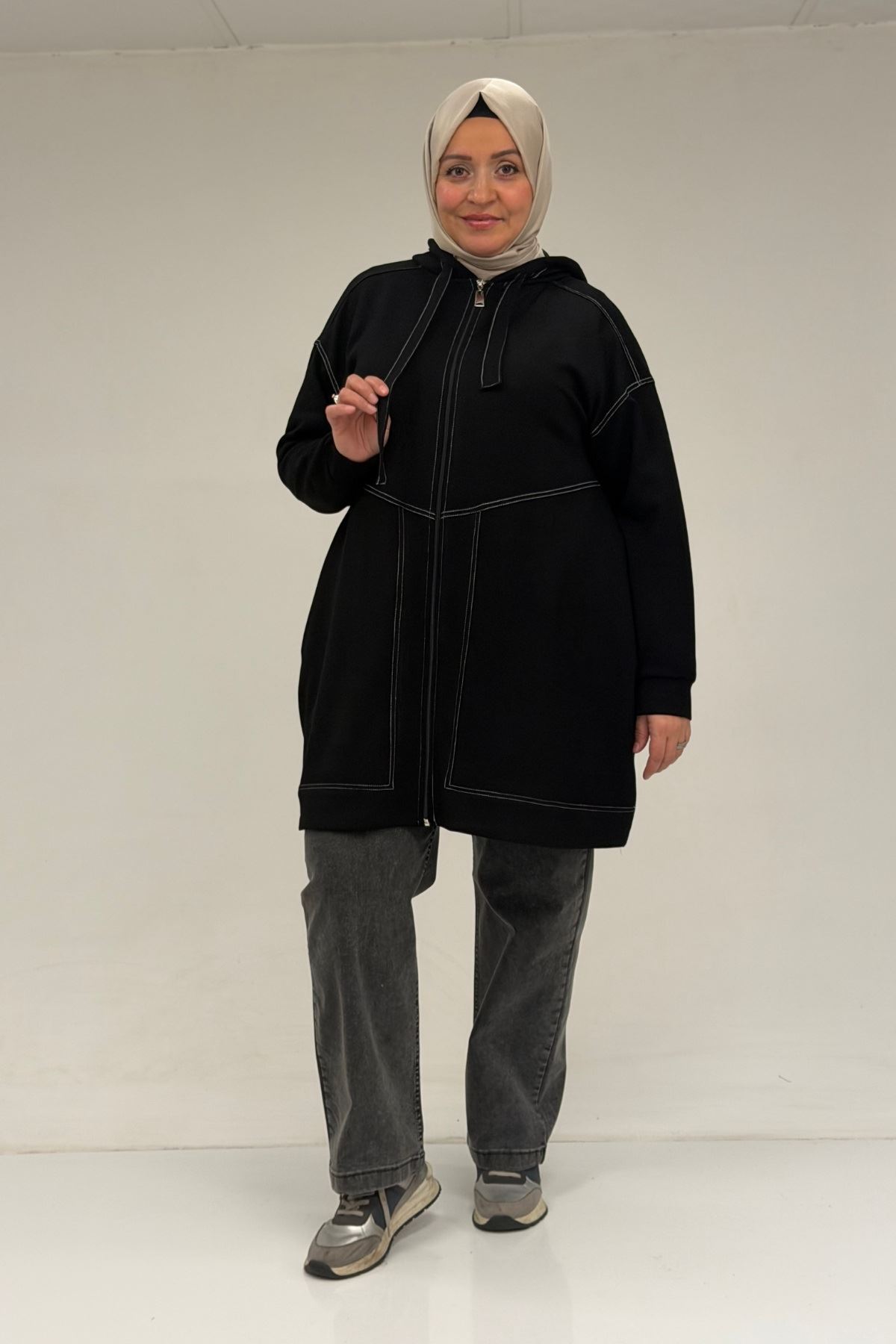 53075 Büyük Beden Dikiş Detaylı Fermuarlı Modal Ceket - Siyah