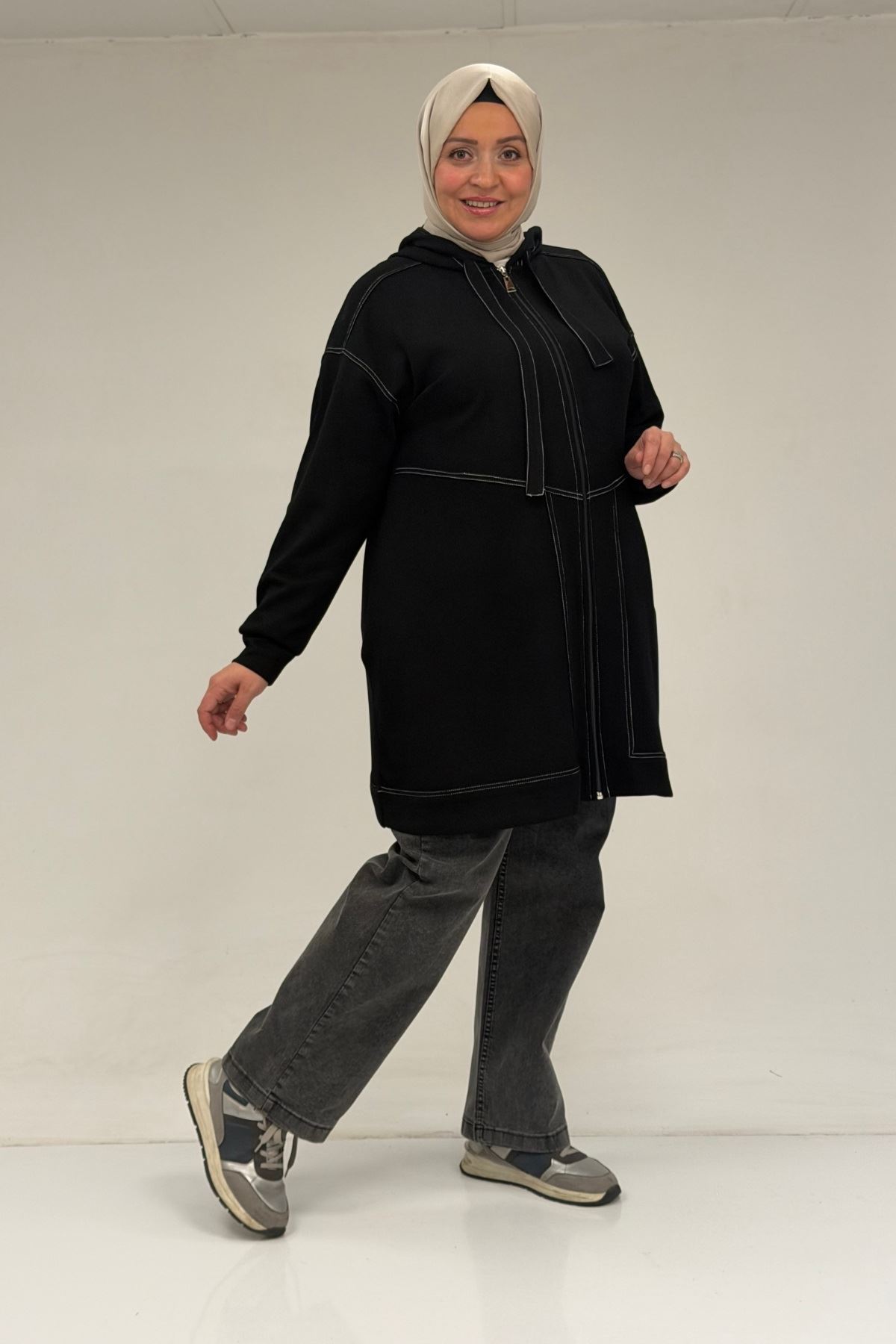 53075 Büyük Beden Dikiş Detaylı Fermuarlı Modal Ceket - Siyah