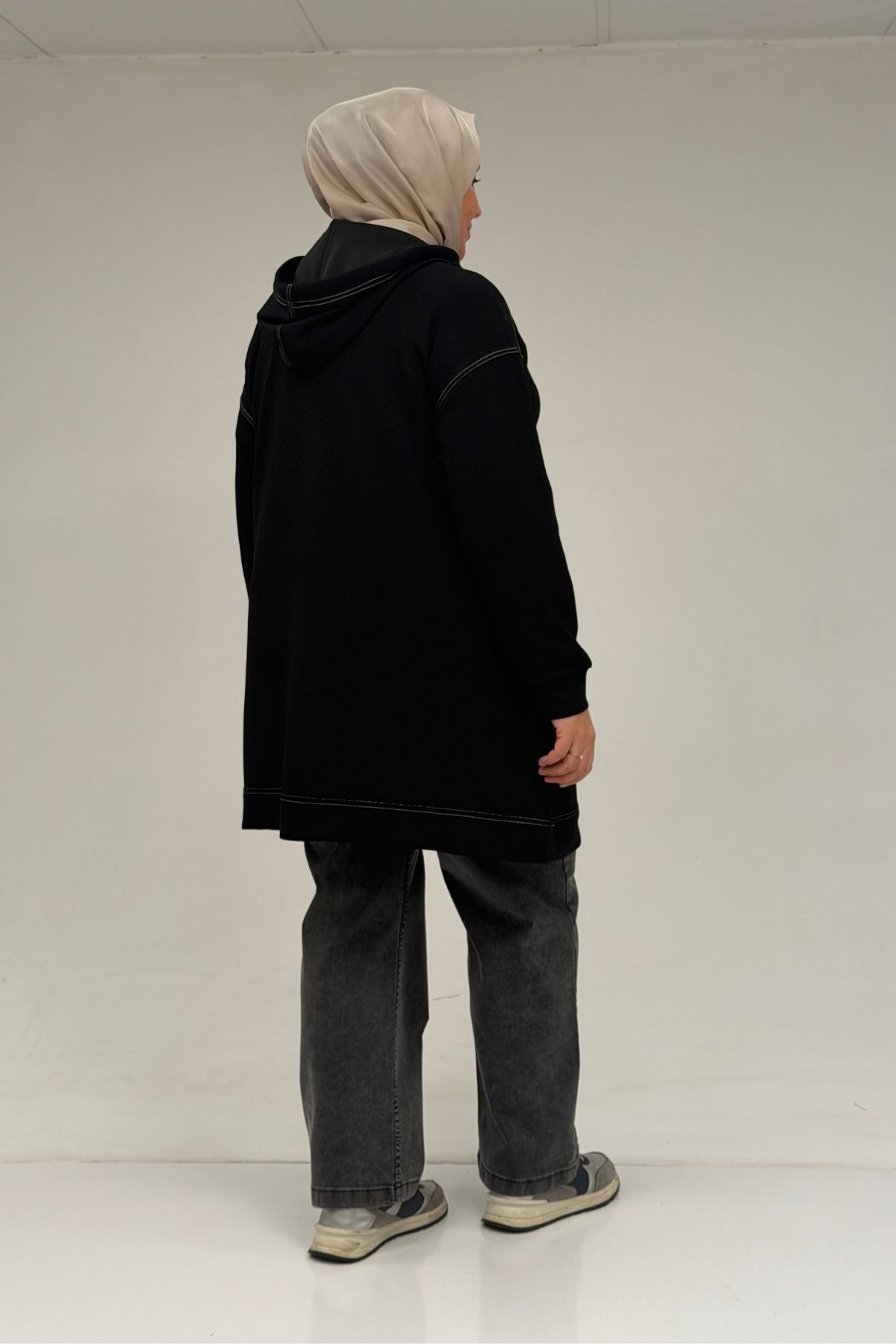 53075 Büyük Beden Dikiş Detaylı Fermuarlı Modal Ceket - Siyah