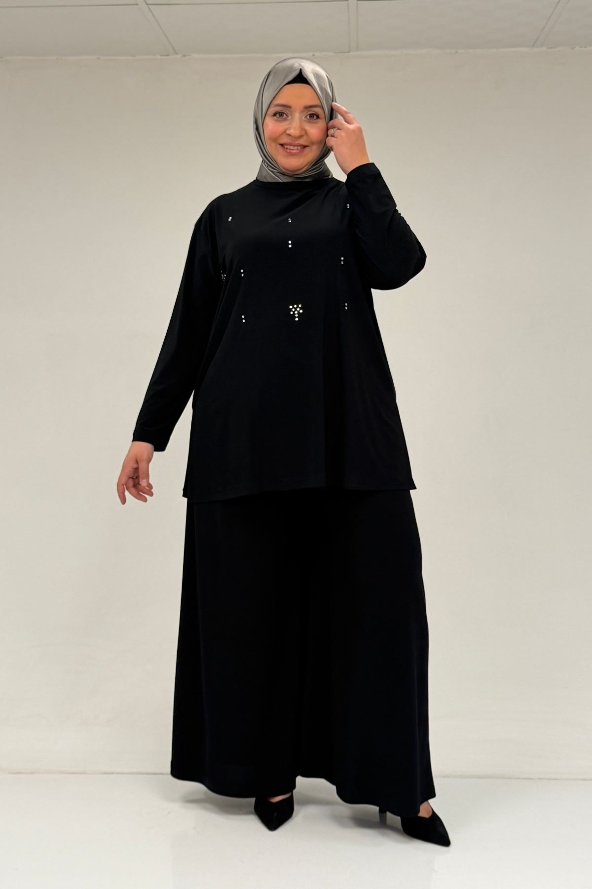 67030 Büyük Beden Yanı Yırtmaçlı Sandy Pantolonlu Takım - Siyah