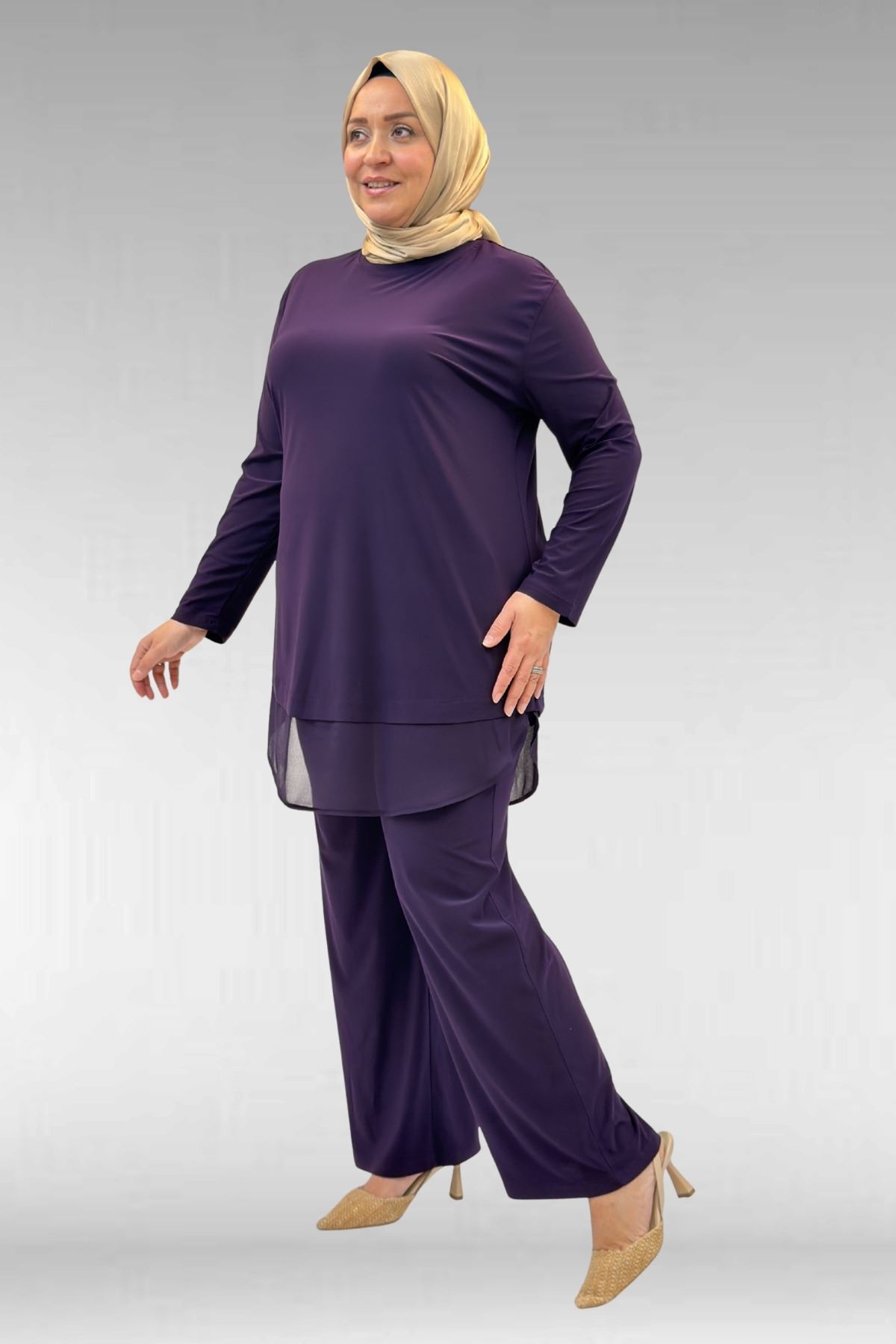 67009 Büyük Beden Etek Ucu Şifon Detaylı Sandy Pantolonlu Takım - Mor