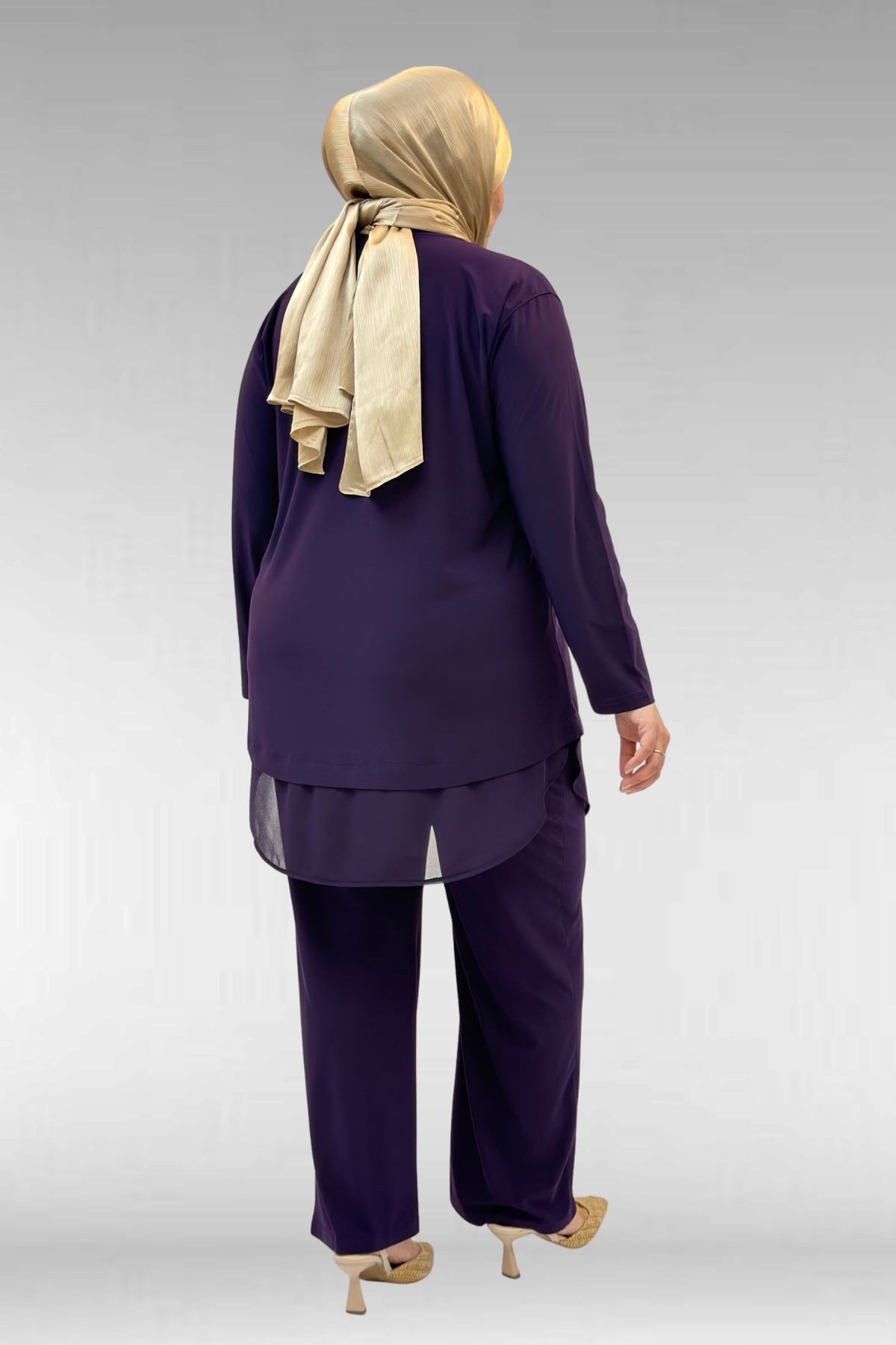 67009 Büyük Beden Etek Ucu Şifon Detaylı Sandy Pantolonlu Takım - Mor