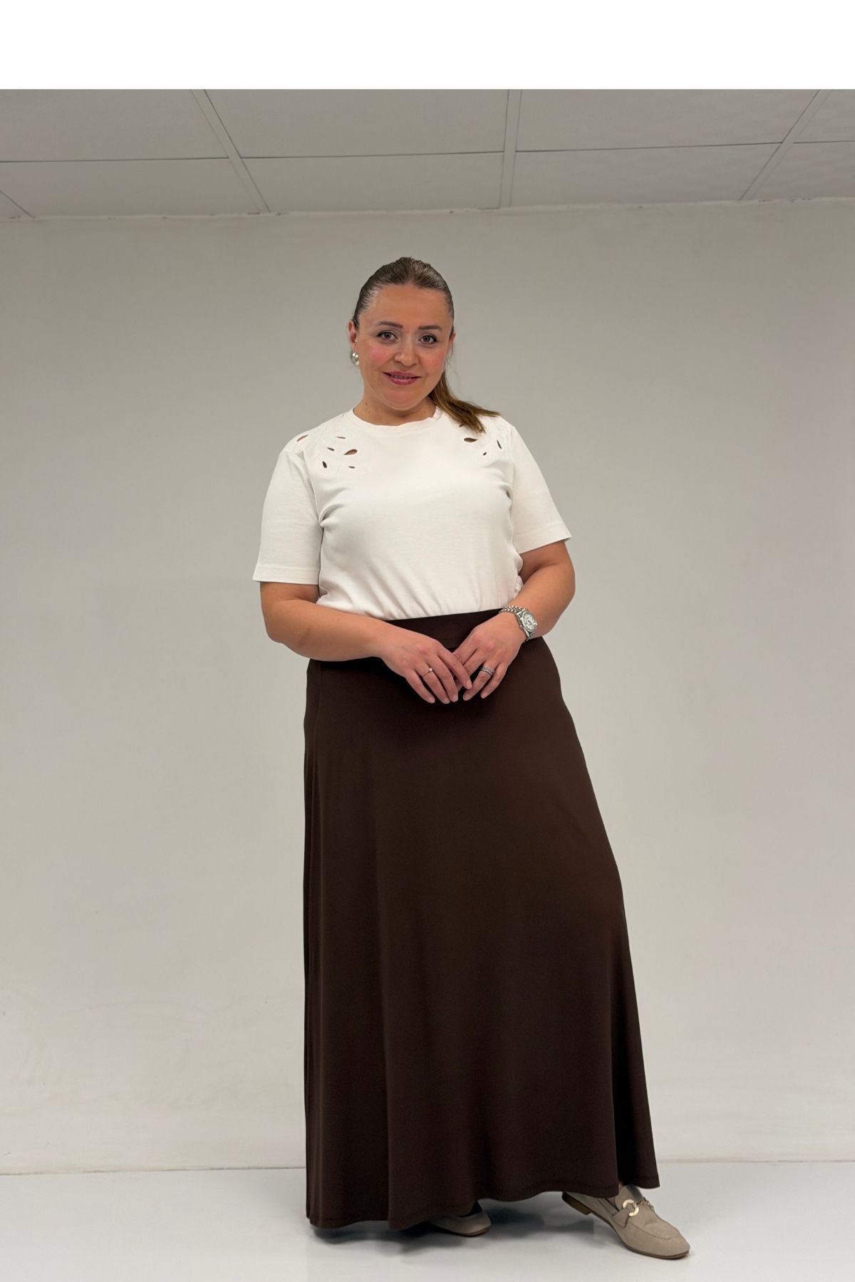 65001 Büyük Beden Basic Penye Etek - Kahve