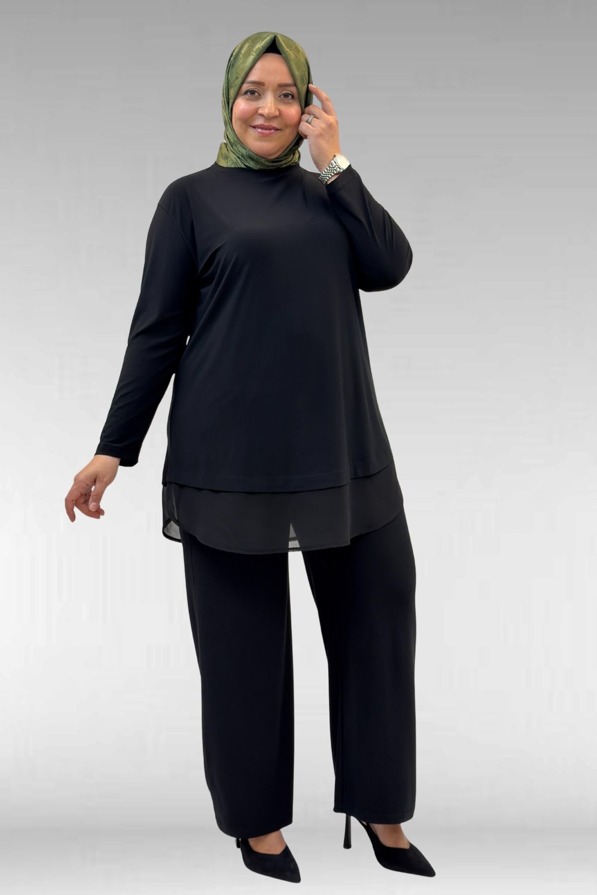 67009 Büyük Beden Etek Ucu Şifon Detaylı Sandy Pantolonlu Takım - Siyah