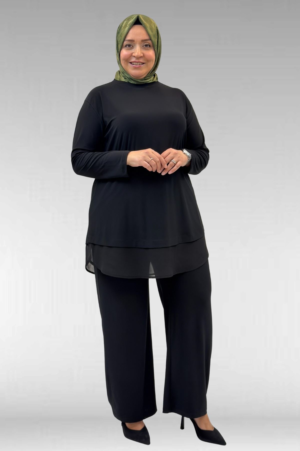 67009 Büyük Beden Etek Ucu Şifon Detaylı Sandy Pantolonlu Takım - Siyah