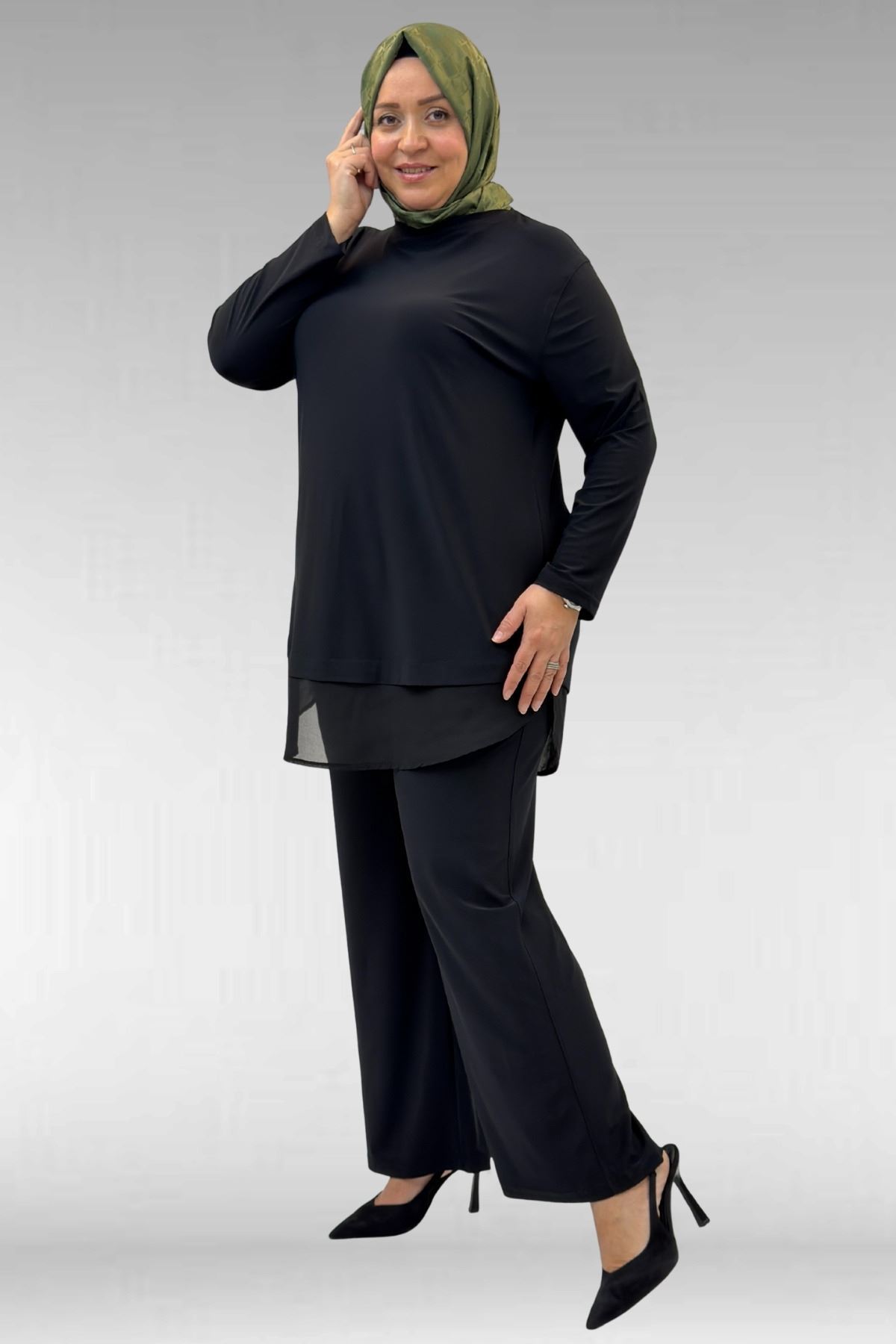 67009 Büyük Beden Etek Ucu Şifon Detaylı Sandy Pantolonlu Takım - Siyah