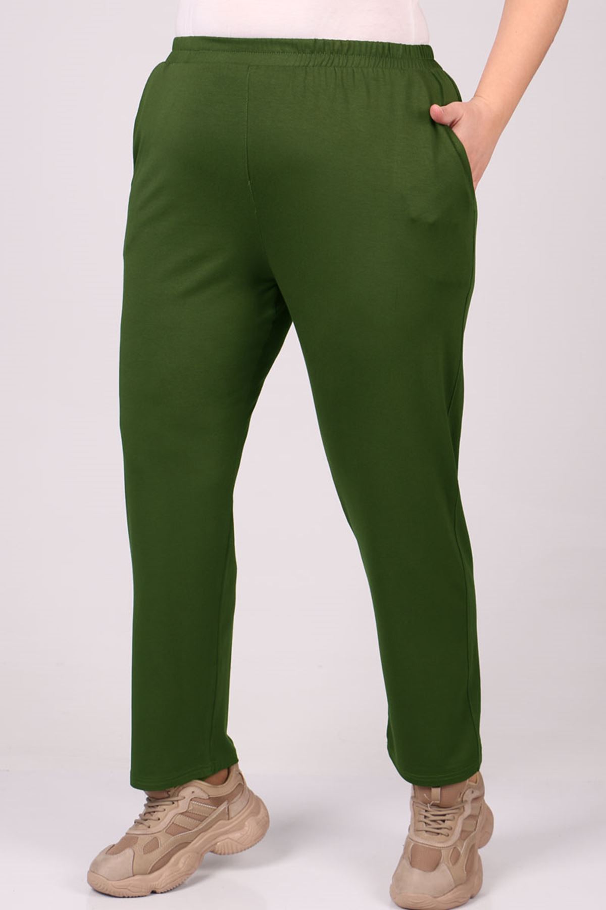39001 Büyük Beden Yüksek Beli Lastikli Penye Pantolon - Haki