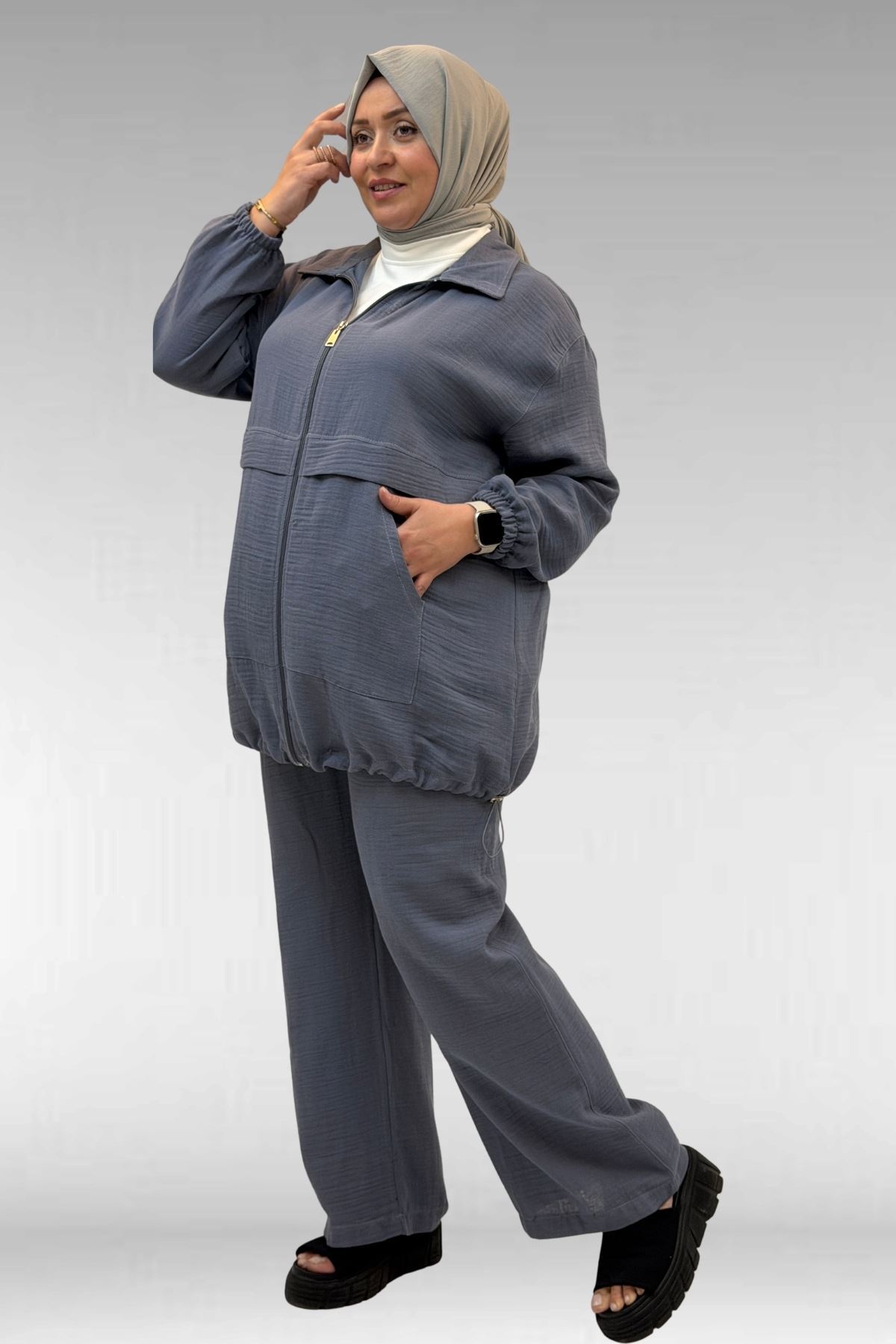 67016 Büyük Beden Kol Ve Etek Ucu Lastik Detaylı Müslin Pantolonlu Takım - Antrasit