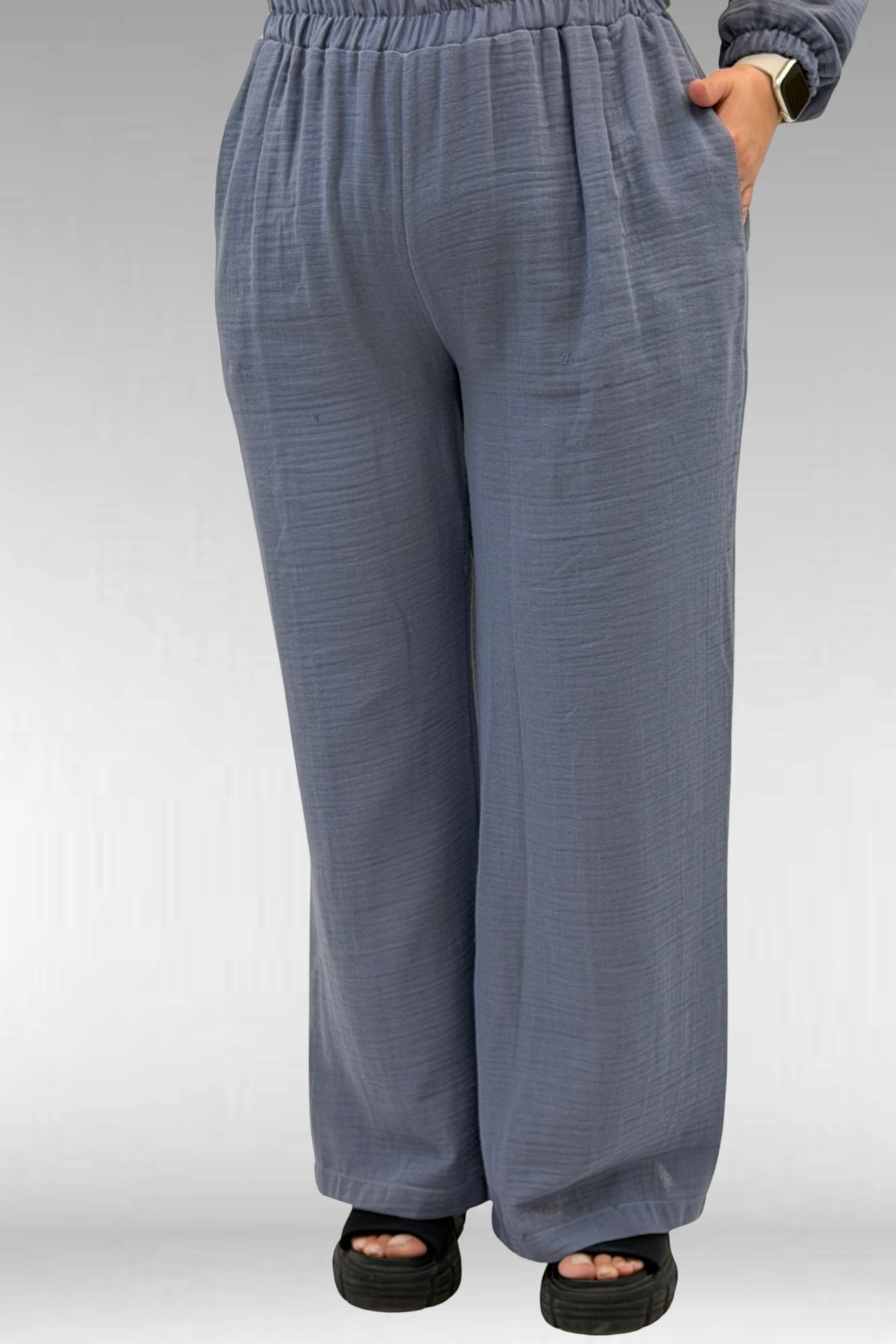 67016 Büyük Beden Kol Ve Etek Ucu Lastik Detaylı Müslin Pantolonlu Takım - Antrasit