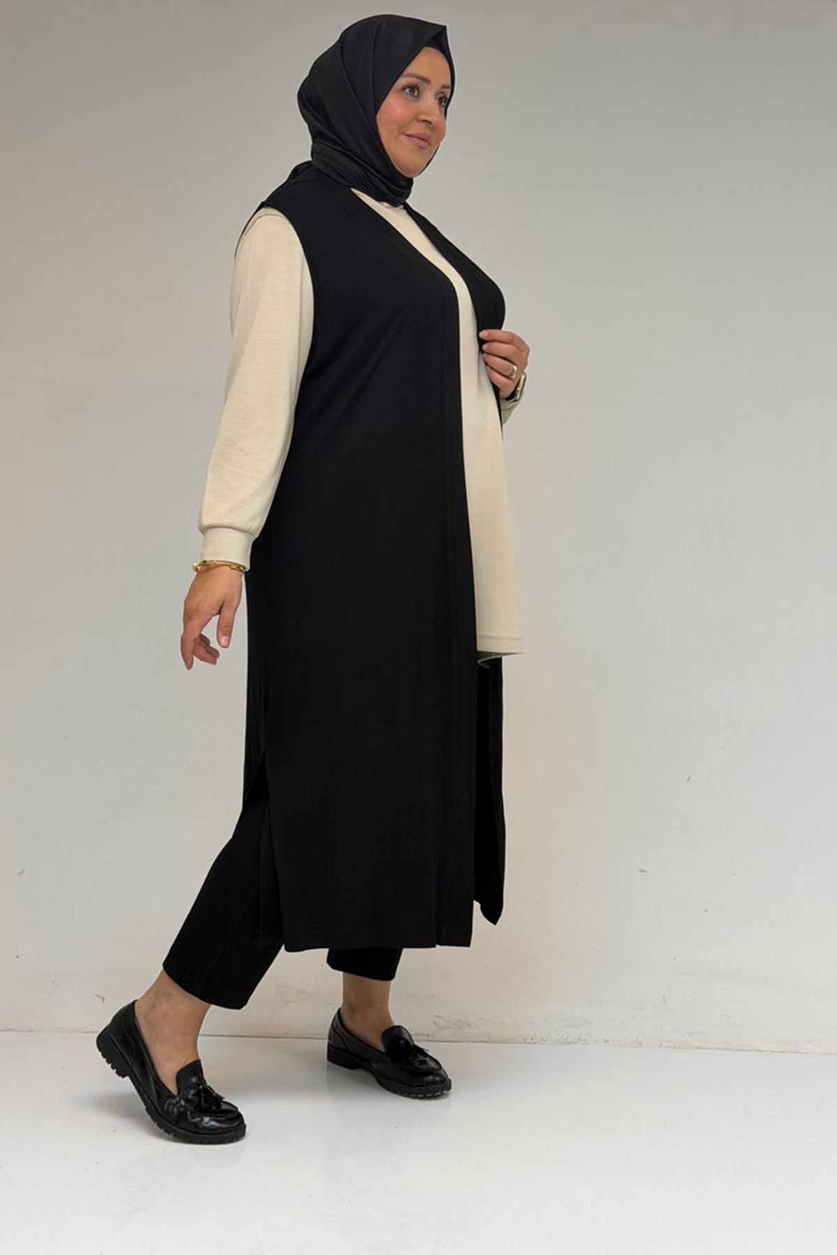 34000 Büyük Beden Penye Giy-Çık Yelek - Siyah