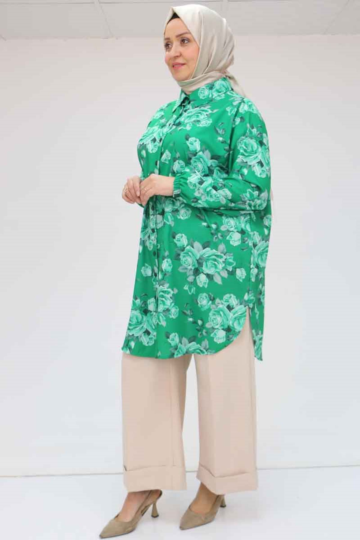 98052 Büyük Beden Erkek Yakalı Jesica Gömlek Tunik - Gül Desen Beneton