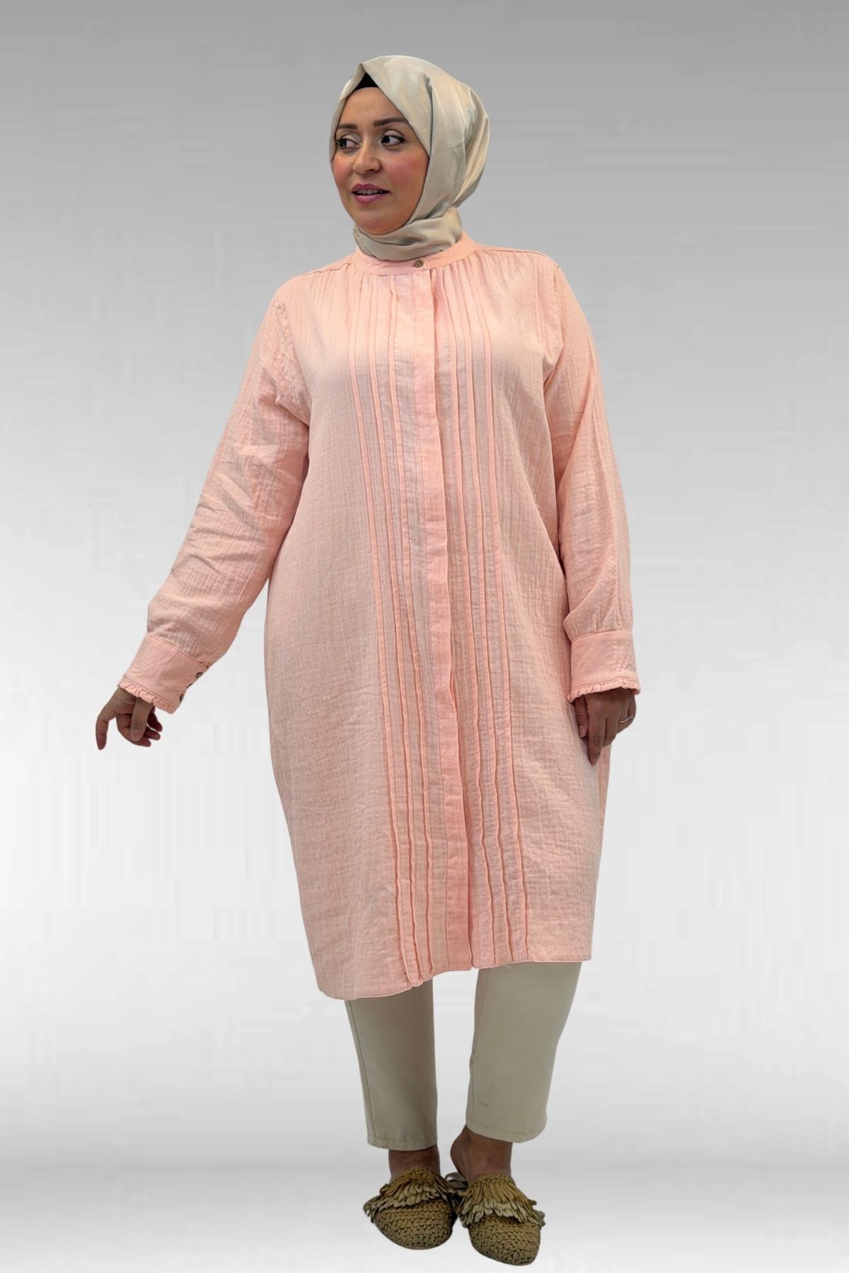 68022 Büyük Beden Boydan Pile Detaylı Müslin Gömlek - Toz Pembe