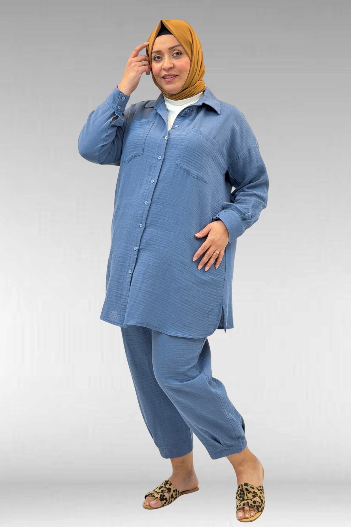 67036 Büyük Beden Cepli Düğmeli Müslin Pantolonlu Takım - Soğuk Mavi