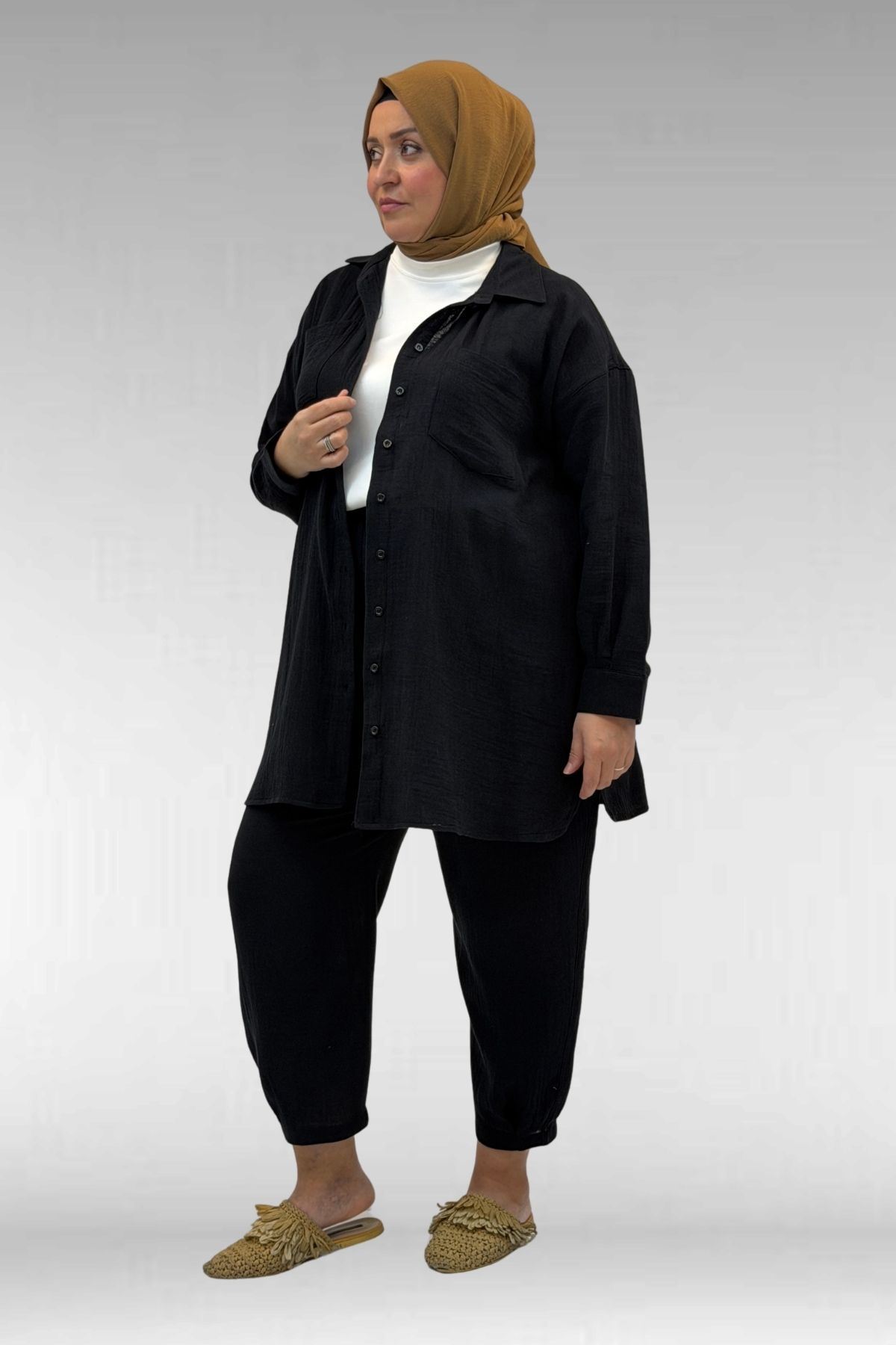 67036 Büyük Beden Cepli Düğmeli Müslin Pantolonlu Takım - Siyah