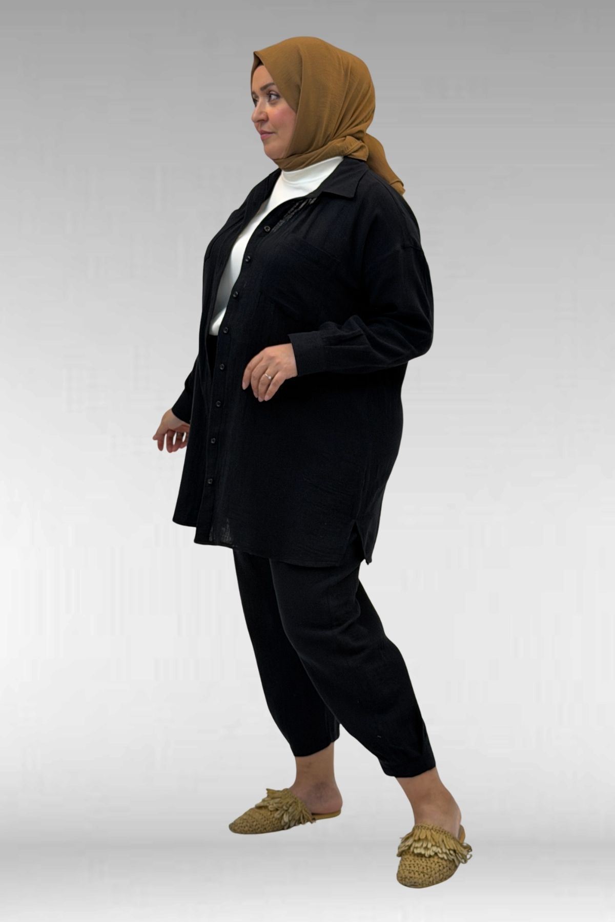 67036 Büyük Beden Cepli Düğmeli Müslin Pantolonlu Takım - Siyah