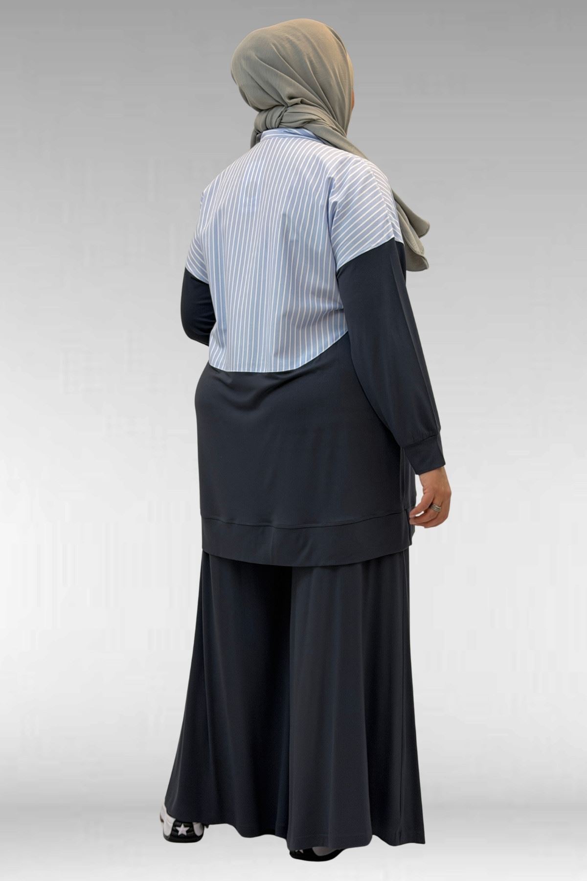 57016  Büyük Beden Erkek Yaka Kombinli Pantolonlu Takım - Antrasit-Mavi