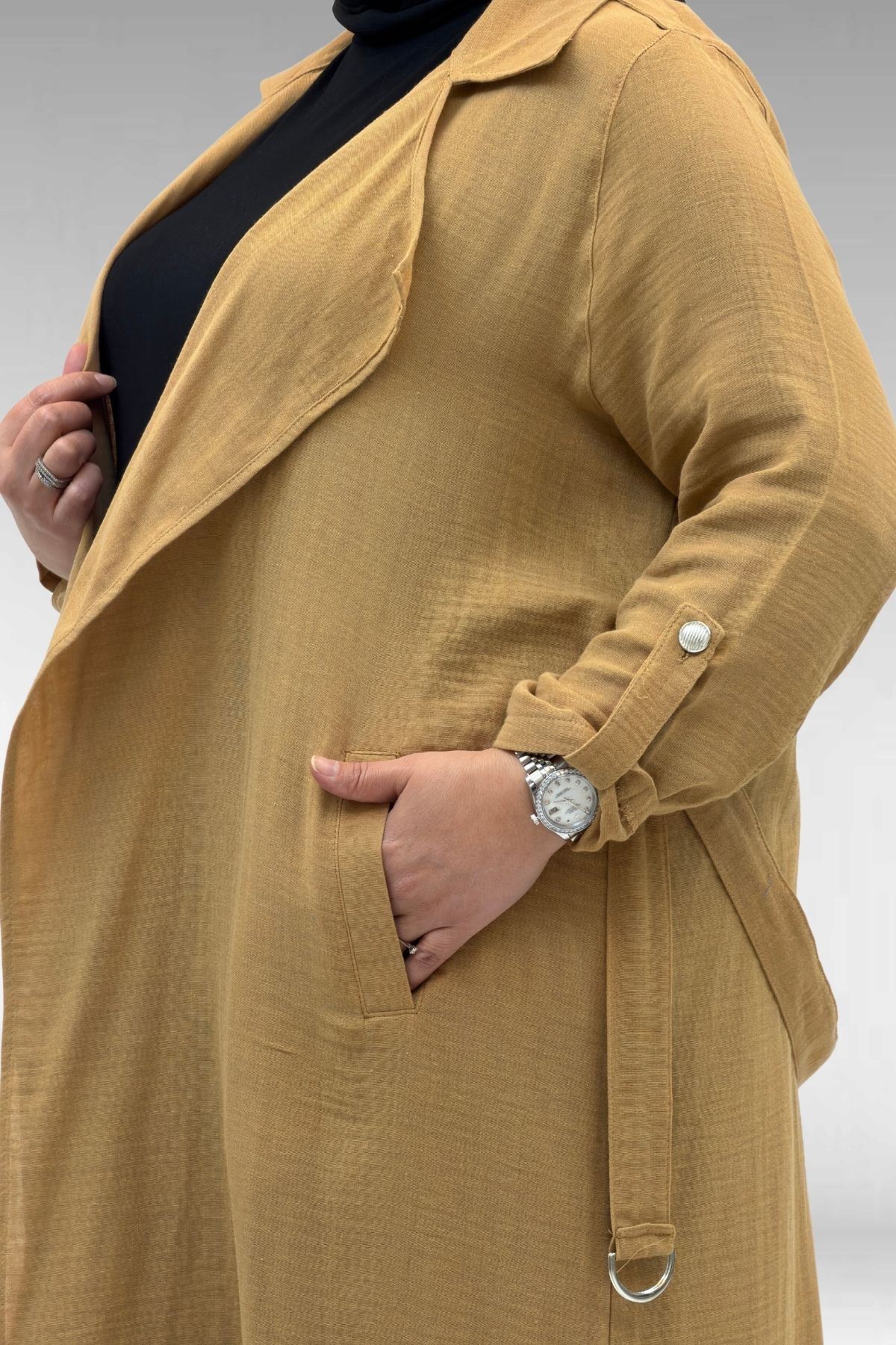 63006  Büyük Beden D Halka Detaylı Müslin Trençkot - Bisküvi