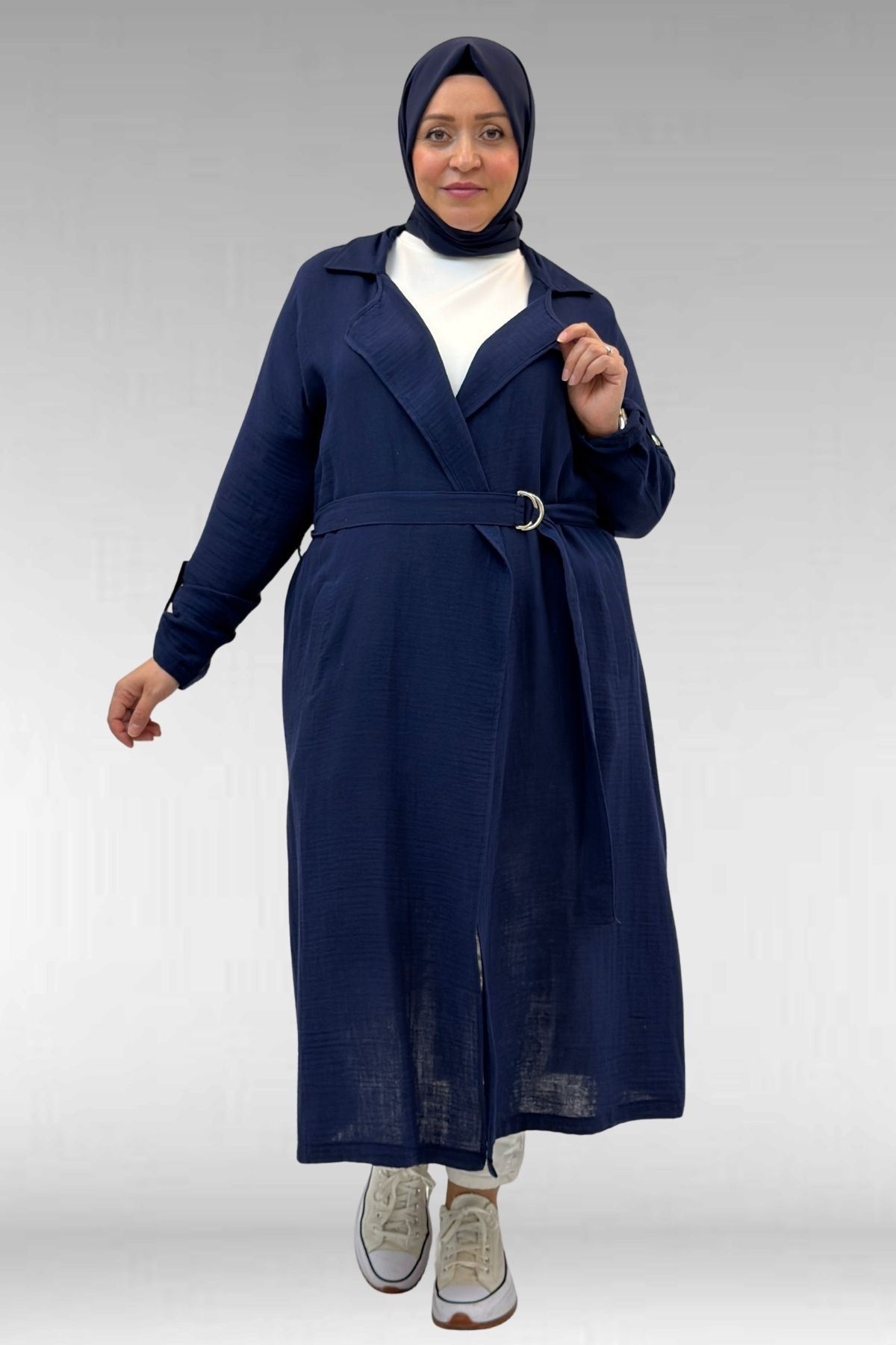 63006  Büyük Beden D Halka Detaylı Müslin Trençkot - Lacivert