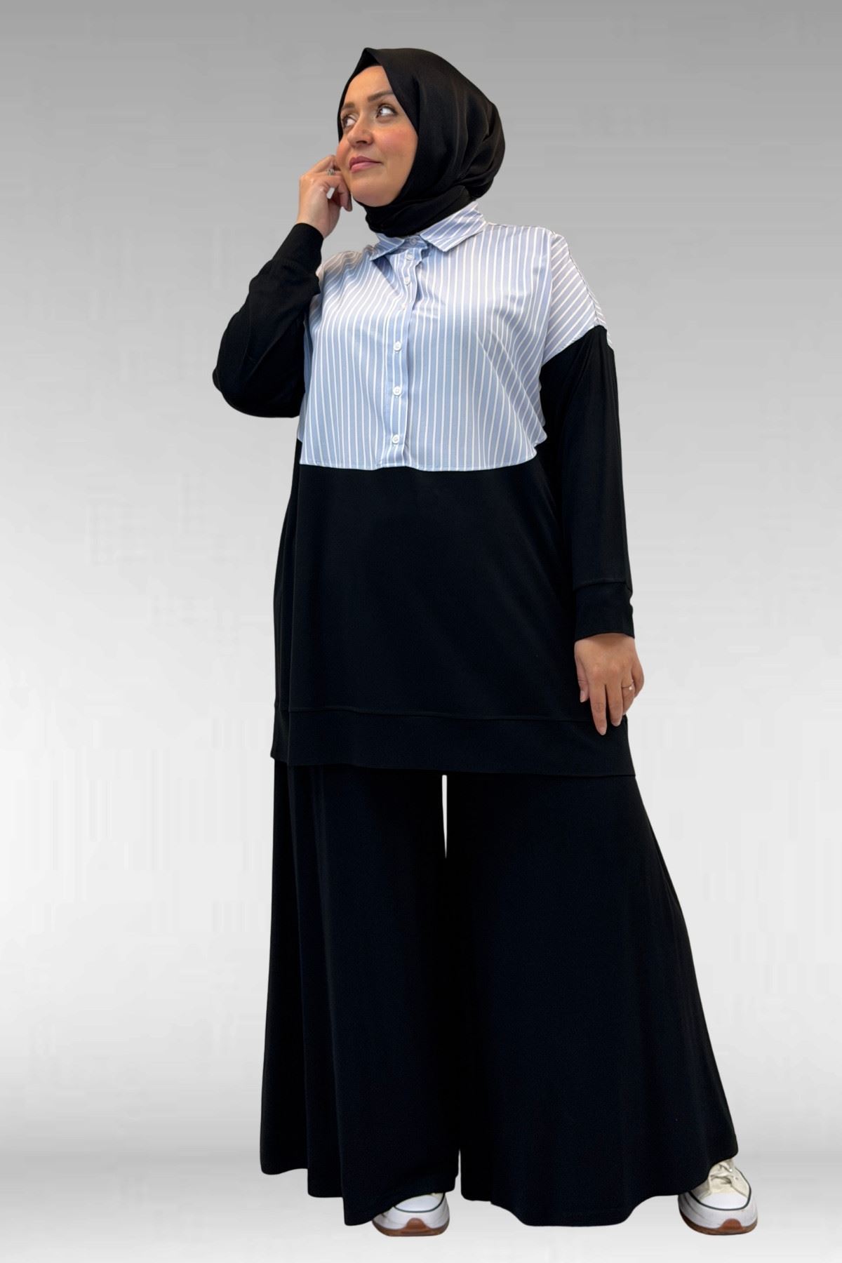 57016 Büyük Beden Erkek Yaka Kombinli Pantolonlu Takım - Siyah-Mavi