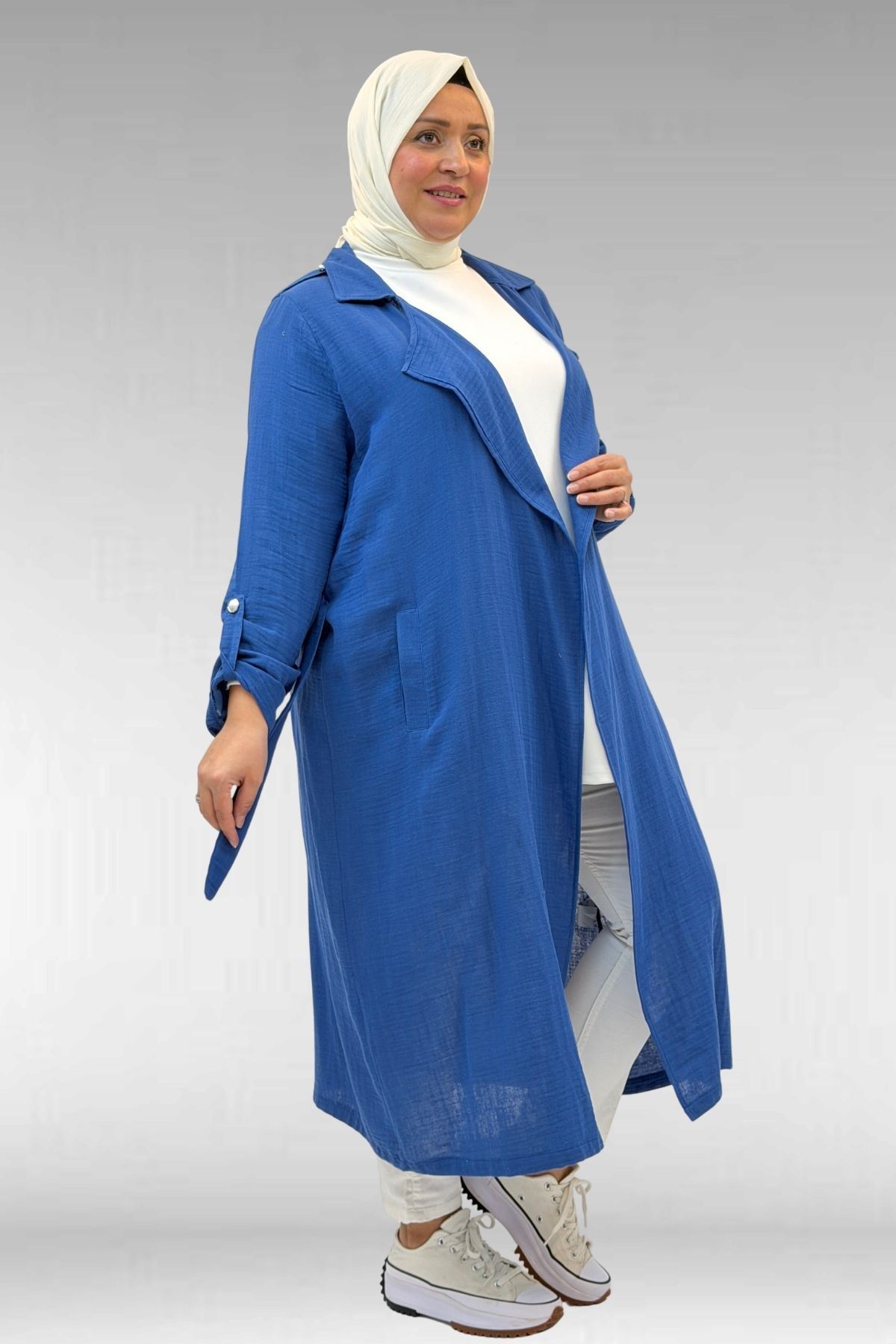 63006  Büyük Beden D Halka Detaylı Müslin Trençkot - İndigo