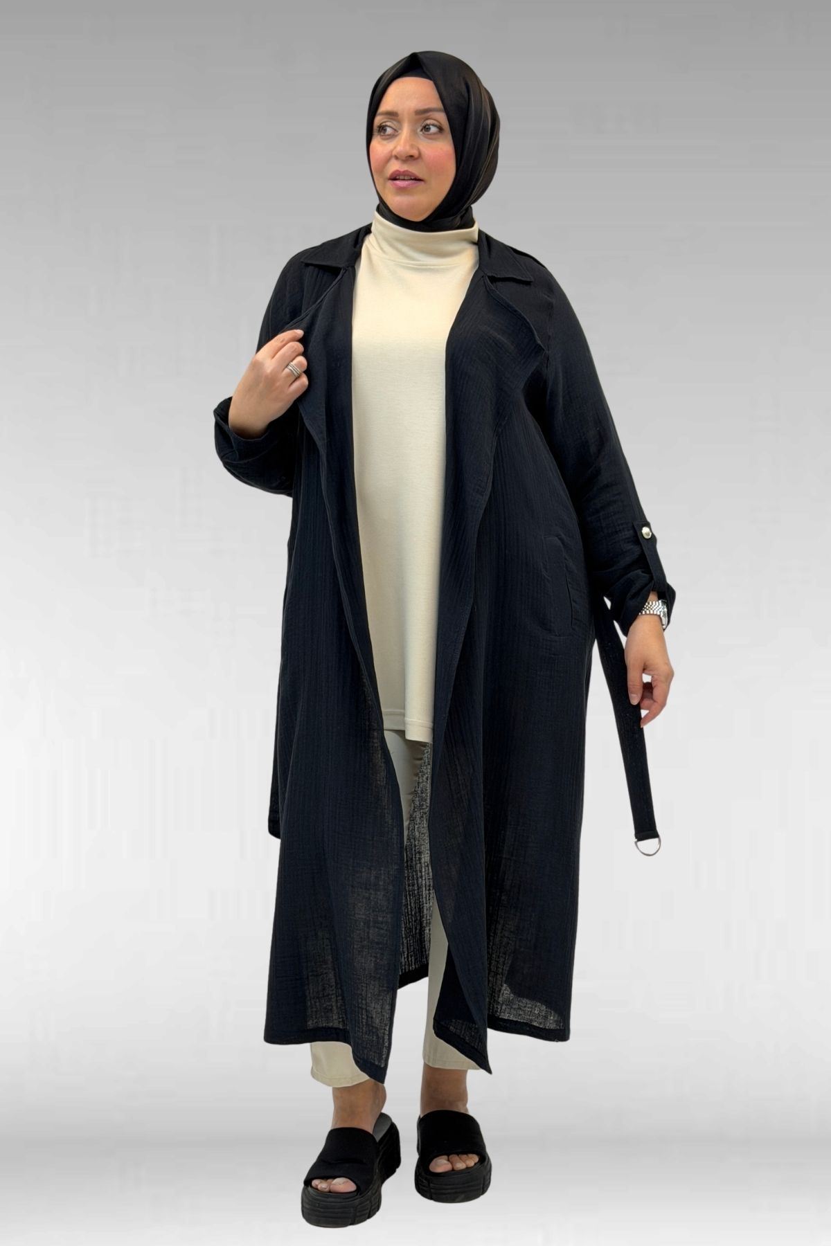 63006  Büyük Beden D Halka Detaylı Müslin Trençkot - Siyah