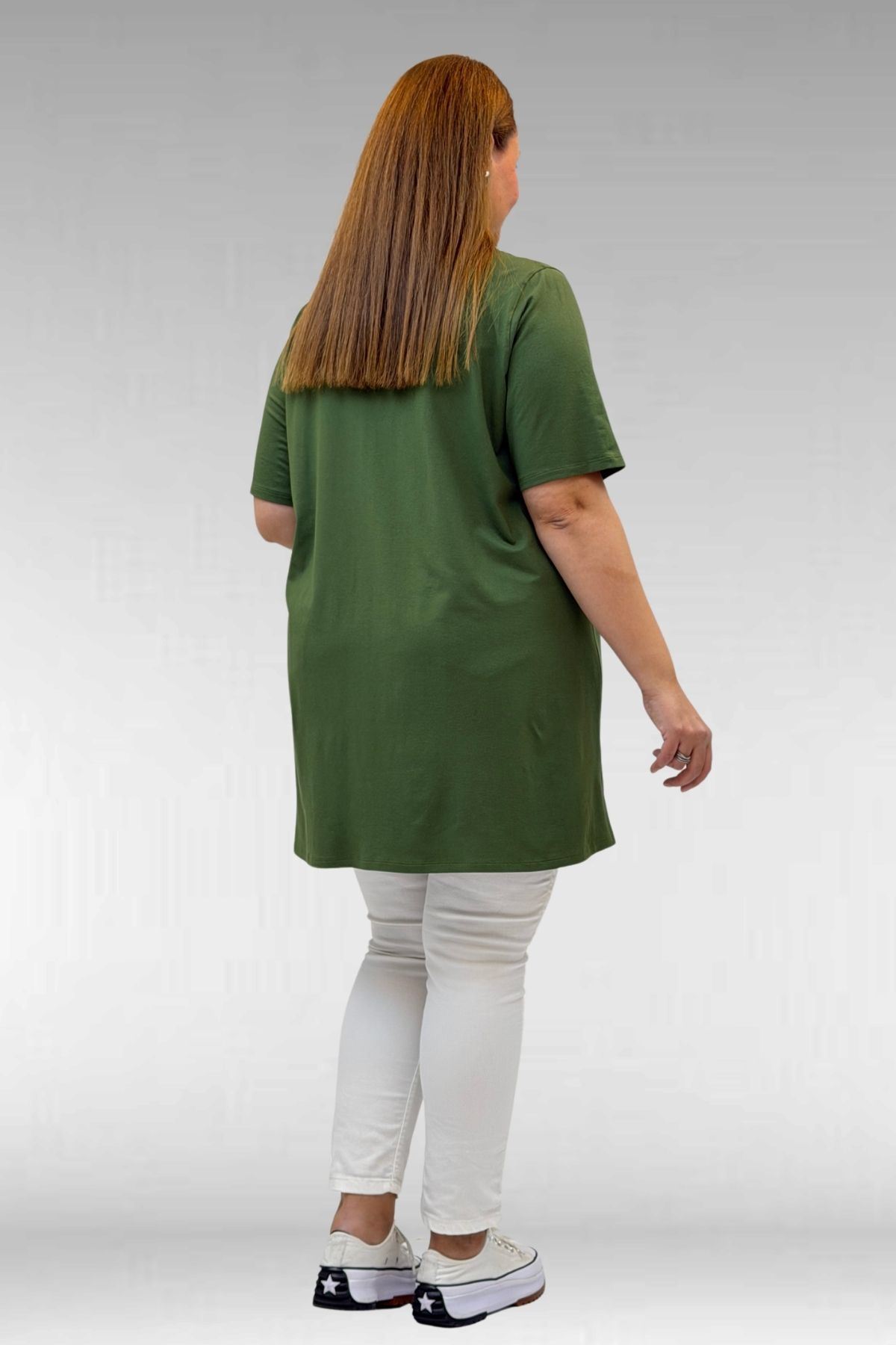 58507 Büyük Beden Yakası Biyeli Penye Tişört - Haki