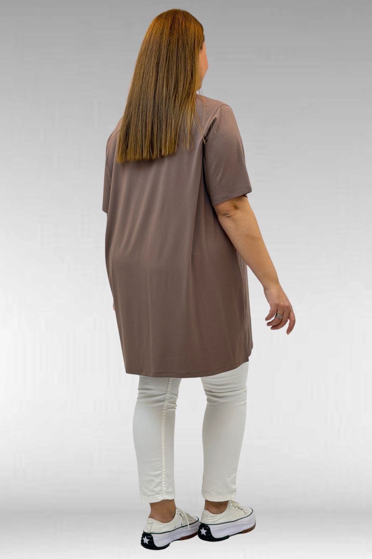 58507 Büyük Beden Yakası Biyeli Penye Tişört - Vizon