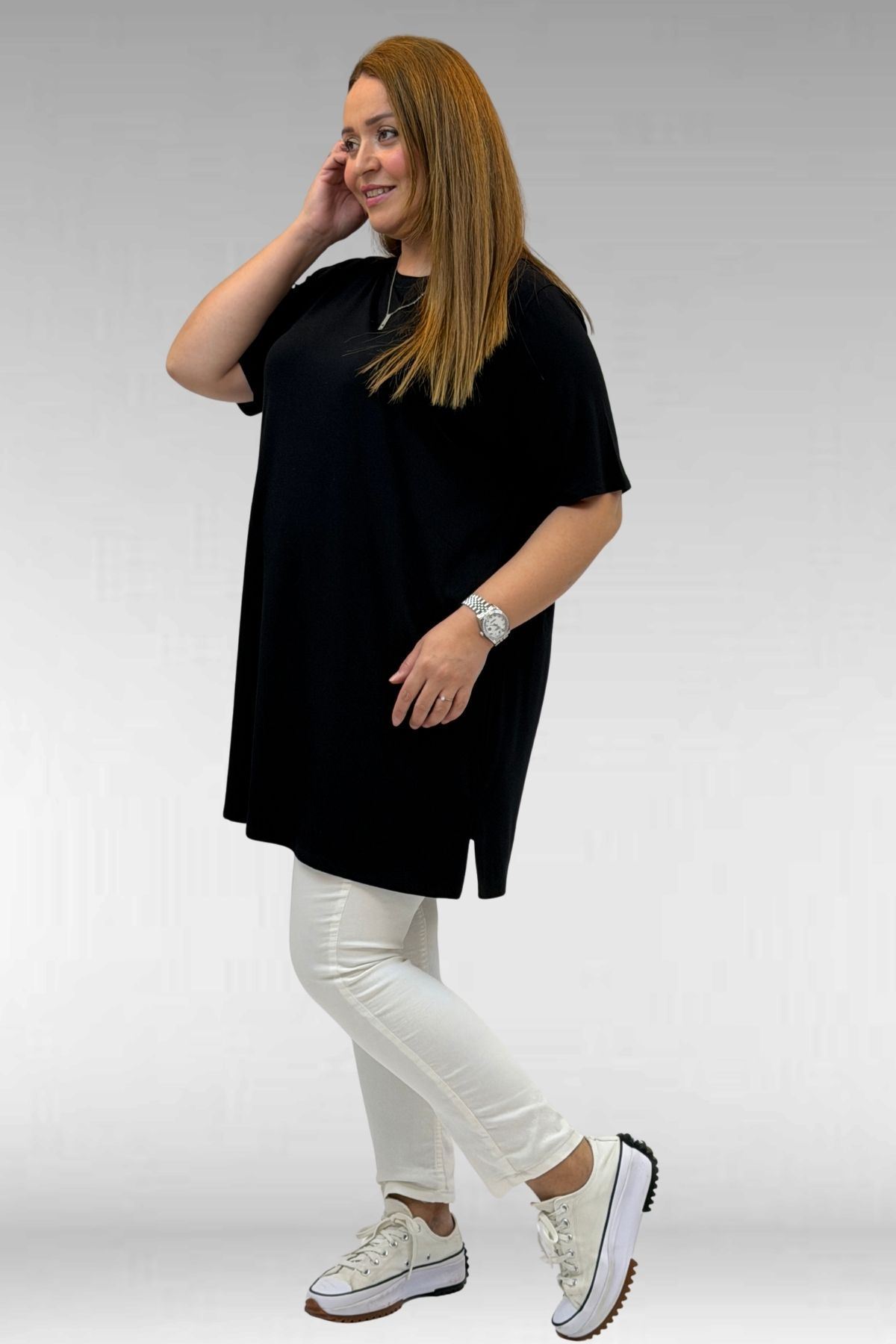 58507 Büyük Beden Yakası Biyeli Penye Tişört - Lacivert