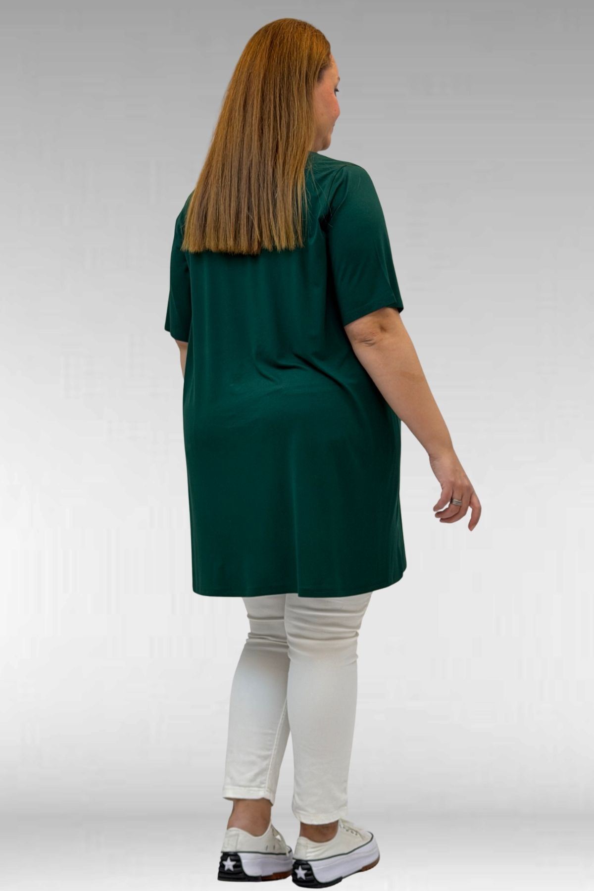 58507 Büyük Beden Yakası Biyeli Penye Tişört - Zümrüt