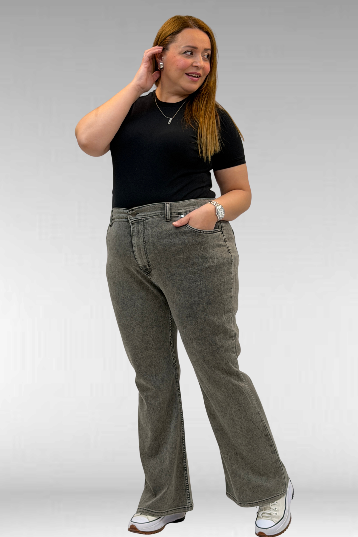 9110-11 Büyük Beden İspanyol Paça Kot Pantolon - Antrasit