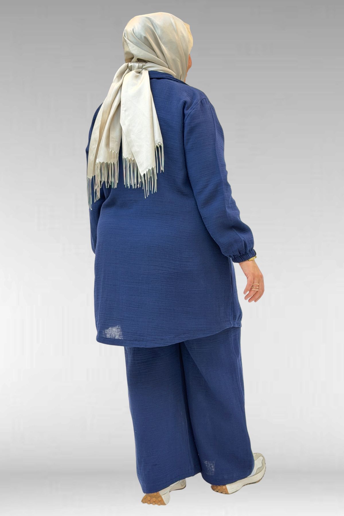 67020 Büyük Beden Yarım Fermuarlı Erkek Yakalı Müslin Pantolonlu Takım - Lacivert