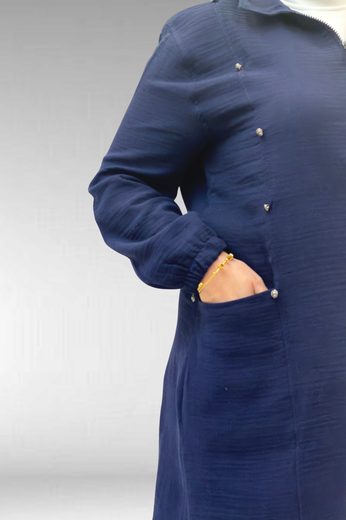 67020 Büyük Beden Yarım Fermuarlı Erkek Yakalı Müslin Pantolonlu Takım - Lacivert