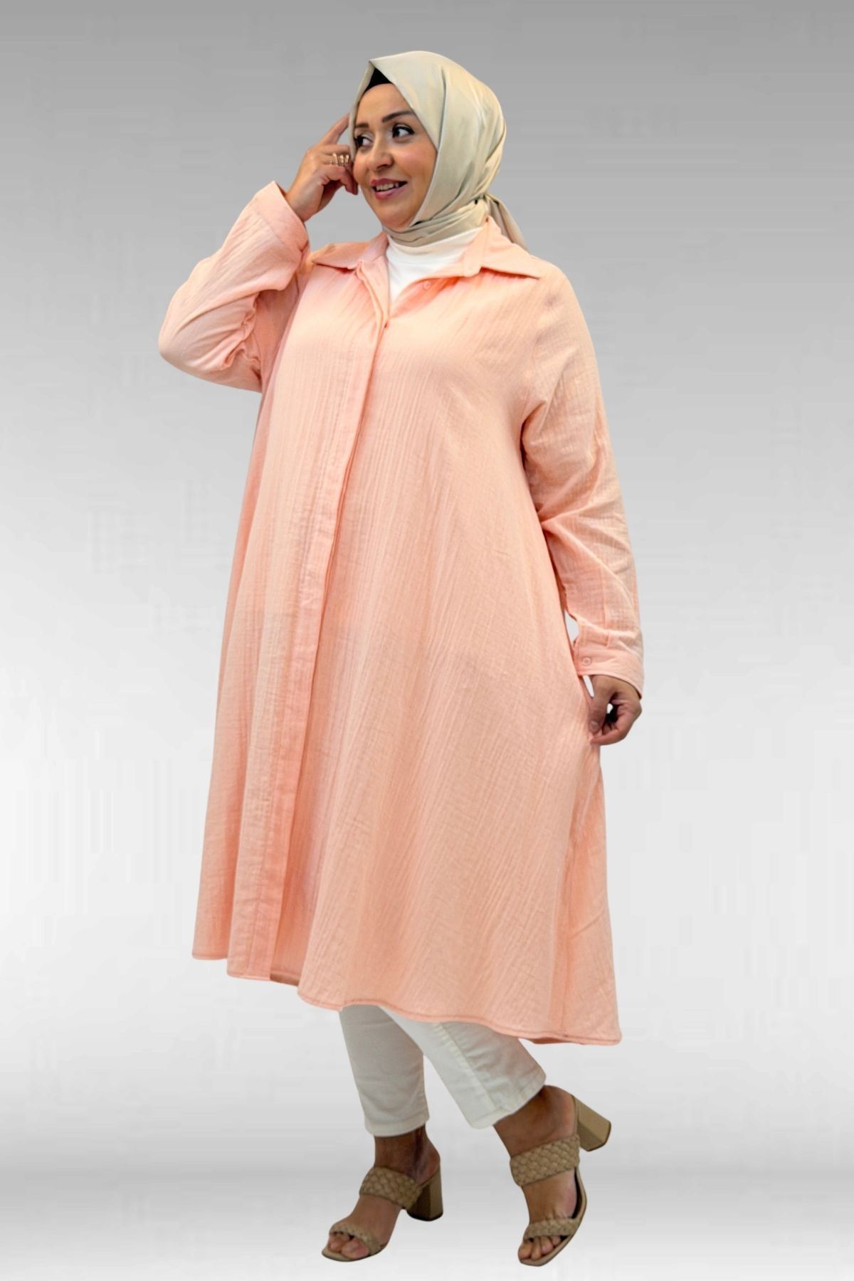 58093-1 Büyük Beden Mevlana Kesim Müslin Gömlek - Toz Pembe