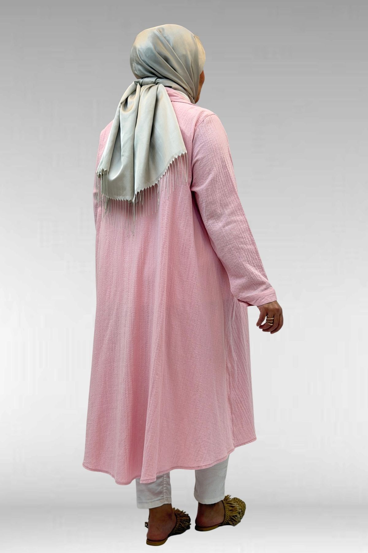 58093-1 Büyük Beden Mevlana Kesim Müslin Gömlek - Şeker Pembesi