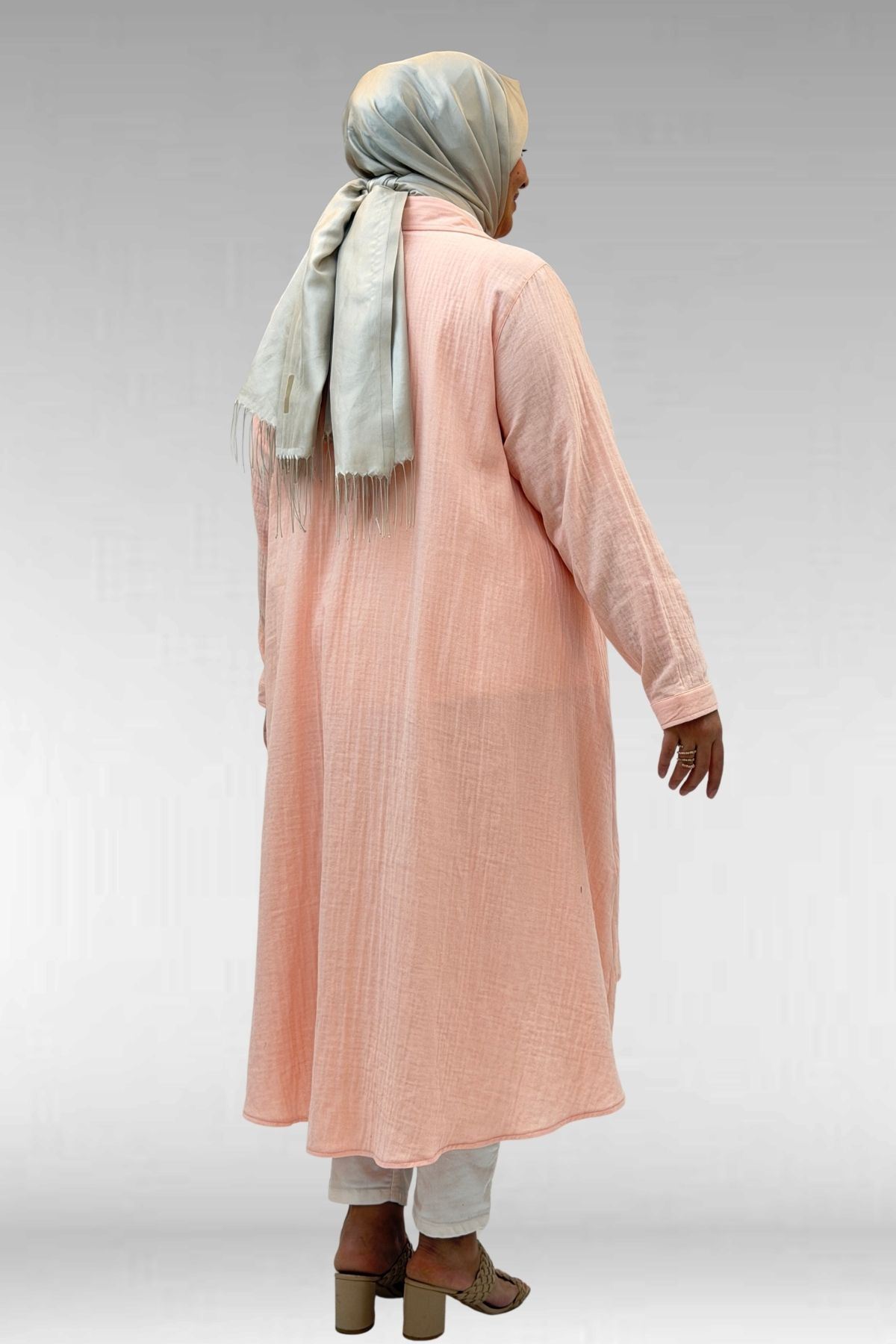 58093-1 Büyük Beden Mevlana Kesim Müslin Gömlek - Toz Pembe