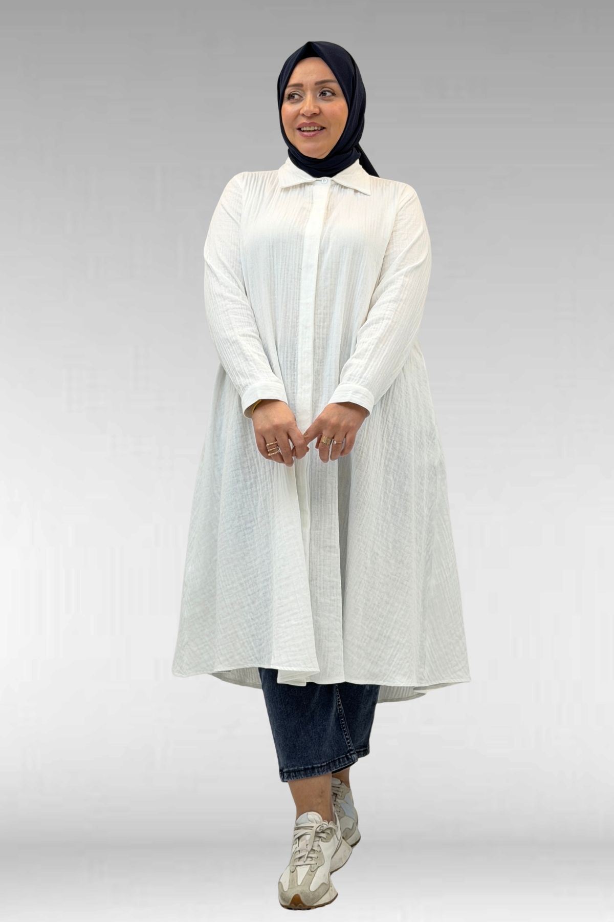 58093-1 Büyük Beden Mevlana Kesim Müslin Gömlek - Ekru