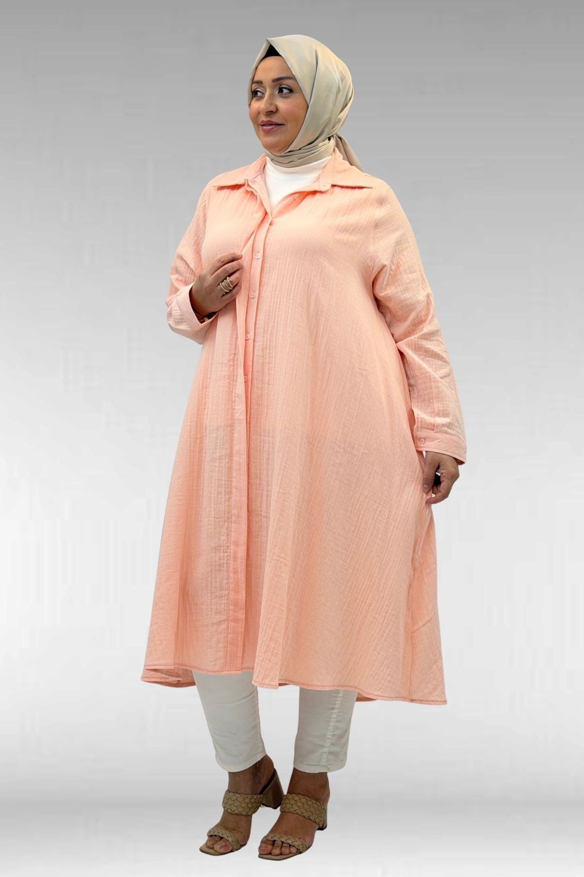 58093-1 Büyük Beden Mevlana Kesim Müslin Gömlek - Toz Pembe