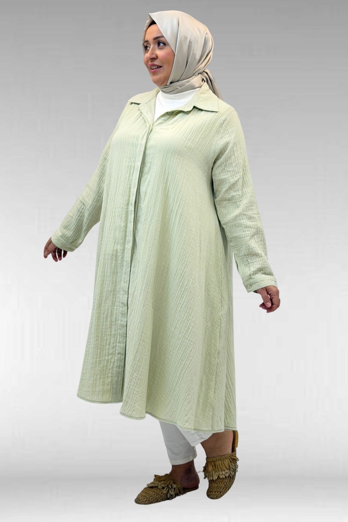 58093-1 Büyük Beden Mevlana Kesim Müslin Gömlek - Su Yeşili