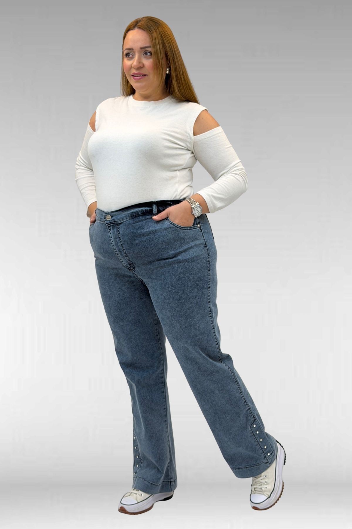 59024 Büyük Beden Paçasında Taş Detaylı Kot Pantolon - Petrol