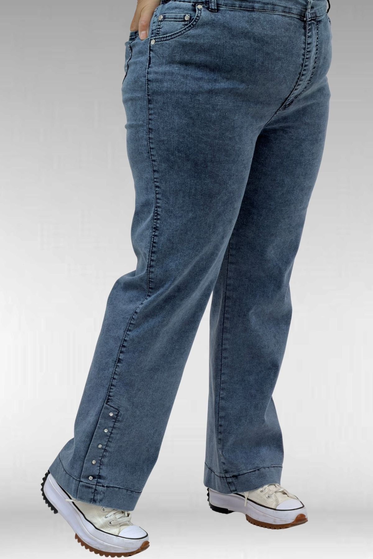 59024 Büyük Beden Paçasında Taş Detaylı Kot Pantolon - Petrol