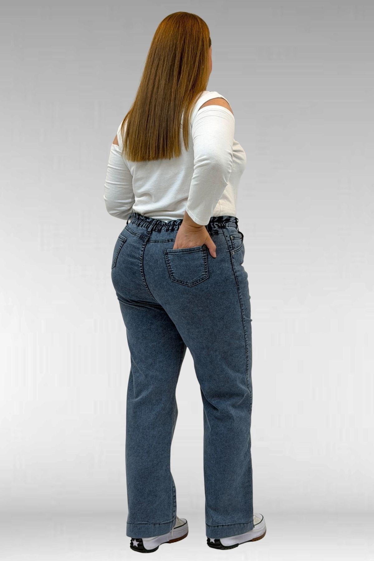 59024 Büyük Beden Paçasında Taş Detaylı Kot Pantolon - Petrol