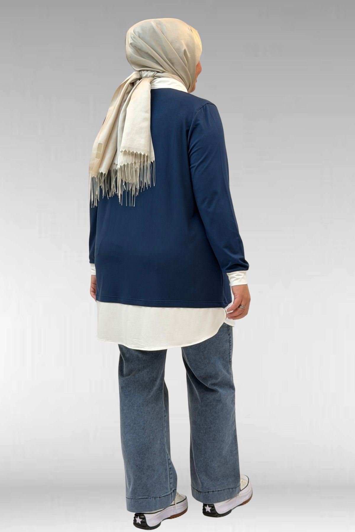 68028 Büyük Beden Kombinli -Manşetli Penye Tunik - Petrol