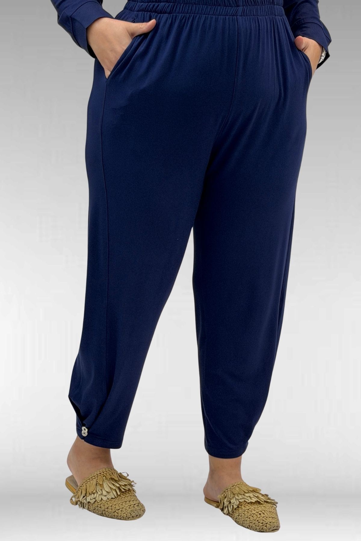 67041 Büyük Beden Düğme Detaylı Penye Pantolonlu Takım - İndigo