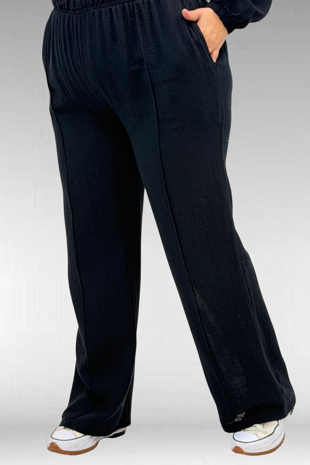 67015 Büyük Beden Cepleri D Toka Detaylı Müslin Pantolonlu Takım - Siyah